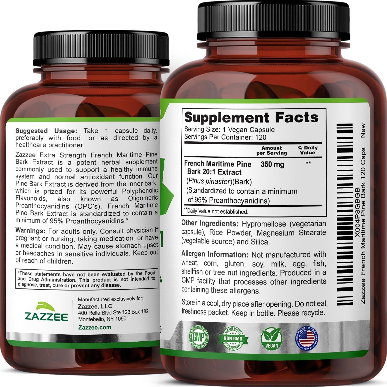 Zazzee Extracto de Pino Marítimo Francés 350mg 120 Cápsulas Veganas