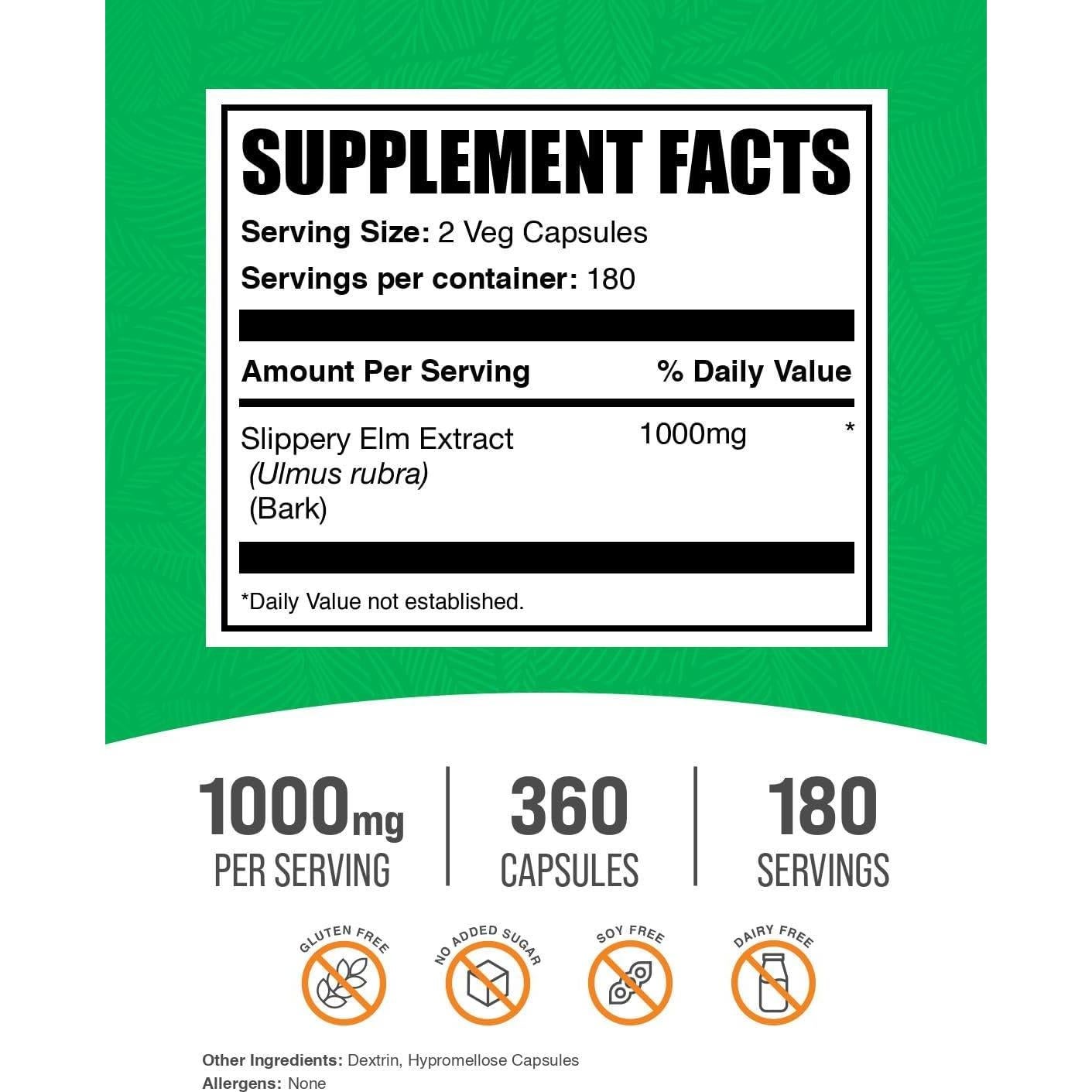 Cápsulas de Extracto de Corteza de Olmo Resbaladizo BulkSupplements 360u