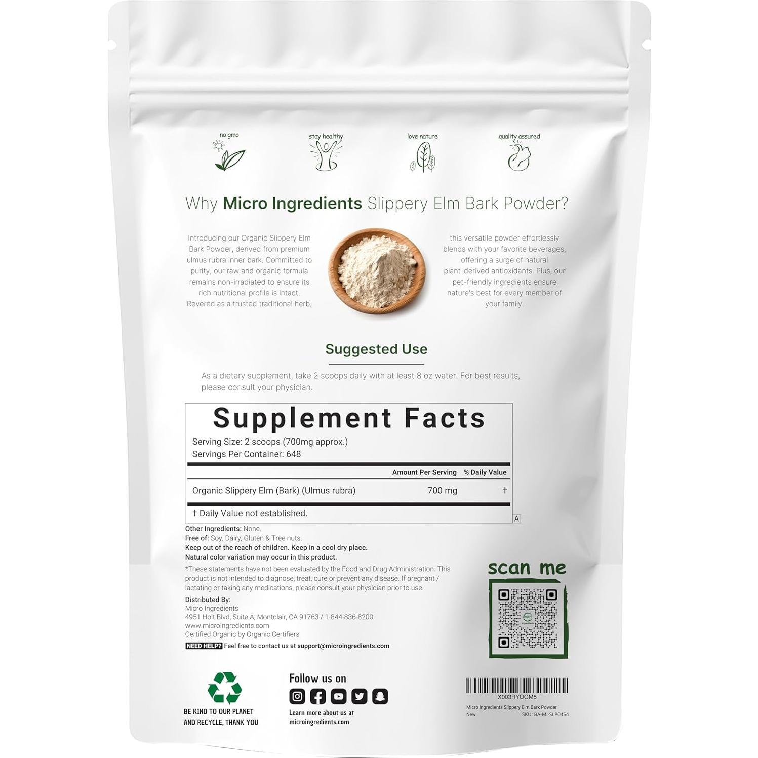 Polvo de Olmo Resbaladizo Orgánico Micro Ingredients 450g