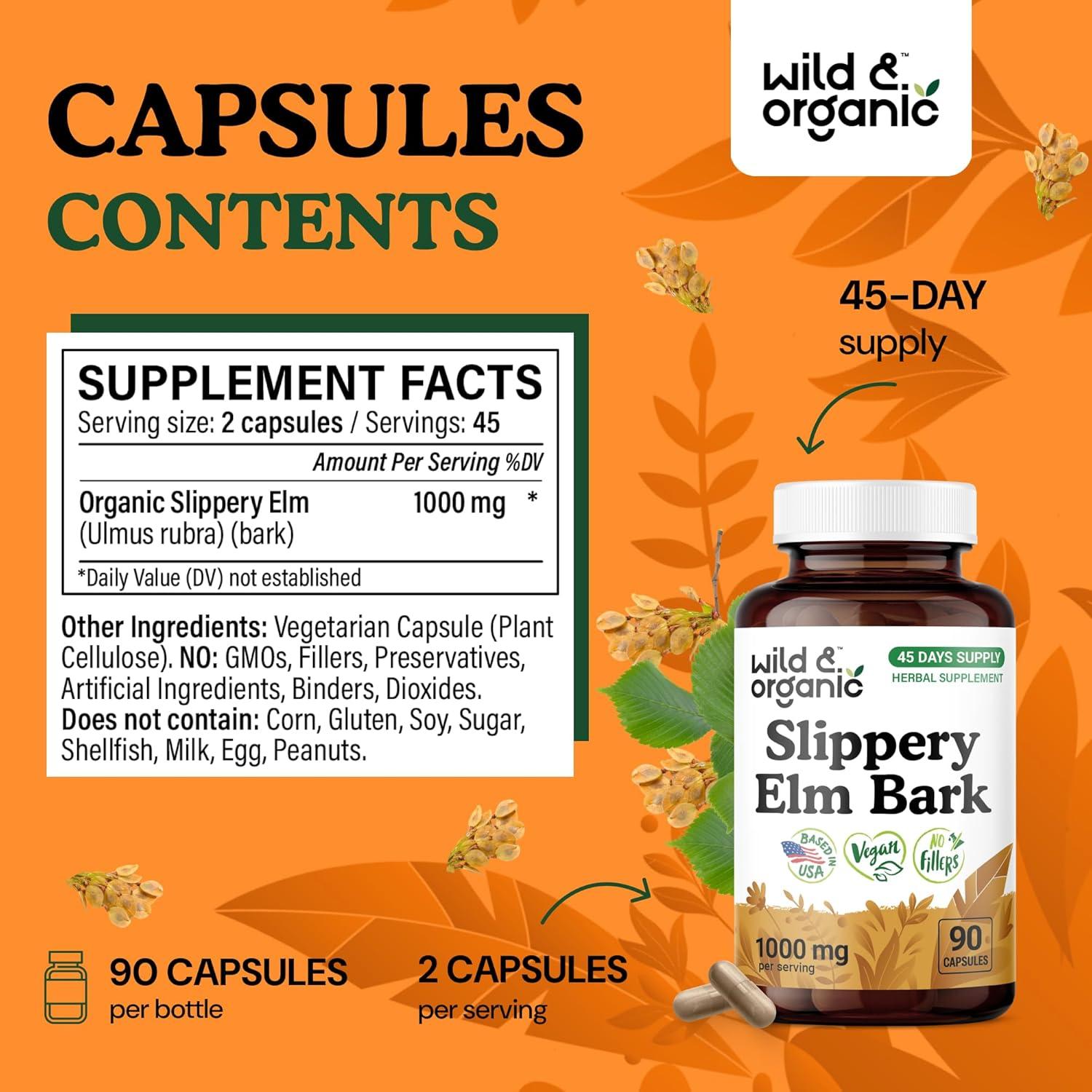 Cápsulas de Olmo Resbaladizo Silvestre y Orgánico 1000 mg - 90 Unidades