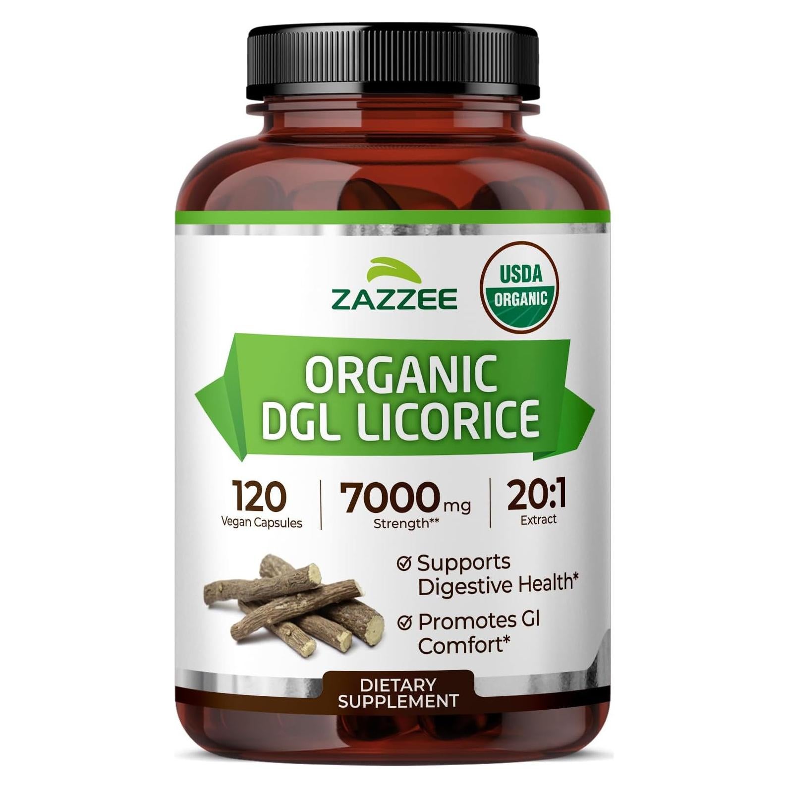 Cápsulas Veganas de Regaliz DGL Orgánico Zazzee 7000 mg - 120 Unidades