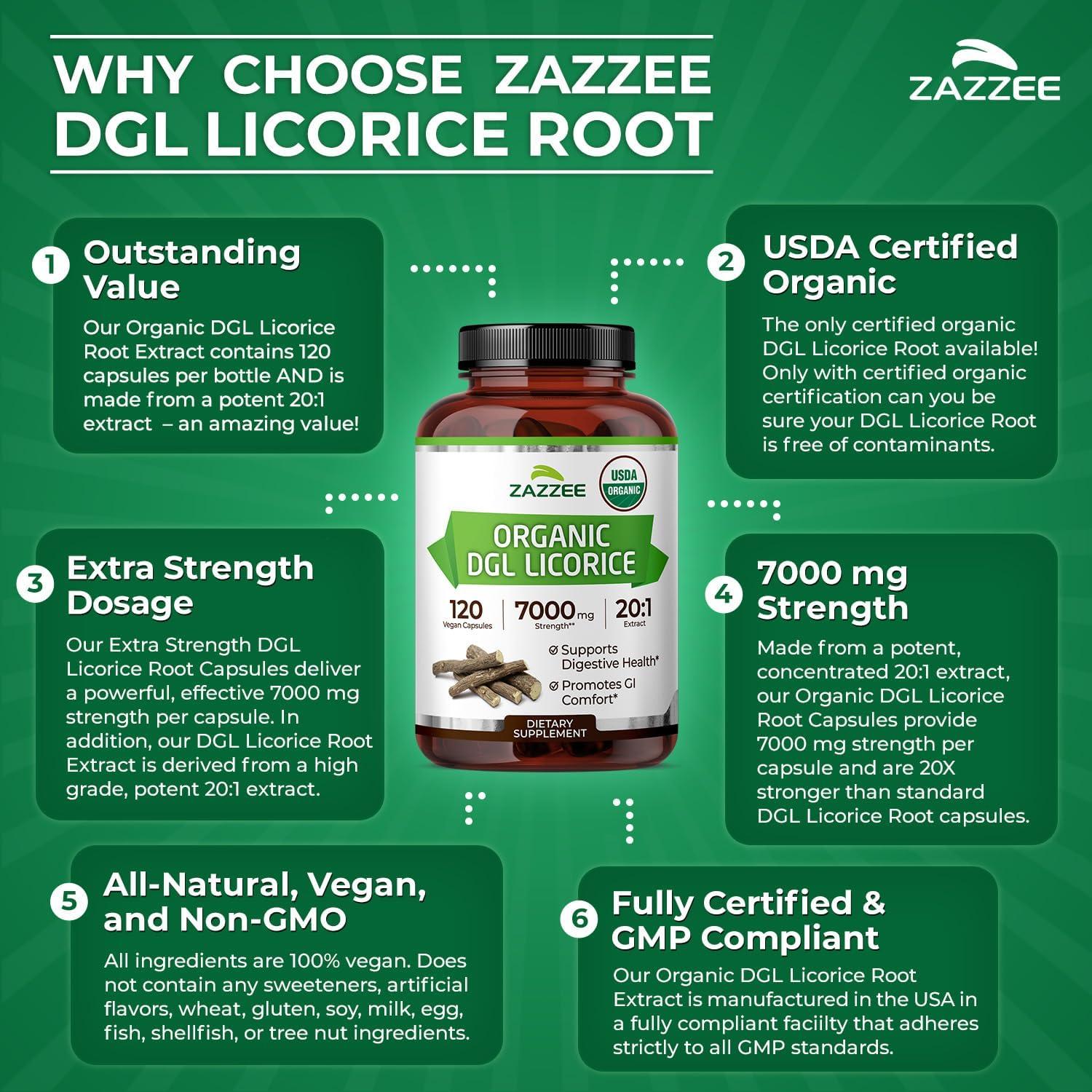 Cápsulas Veganas de Regaliz DGL Orgánico Zazzee 7000 mg - 120 Unidades