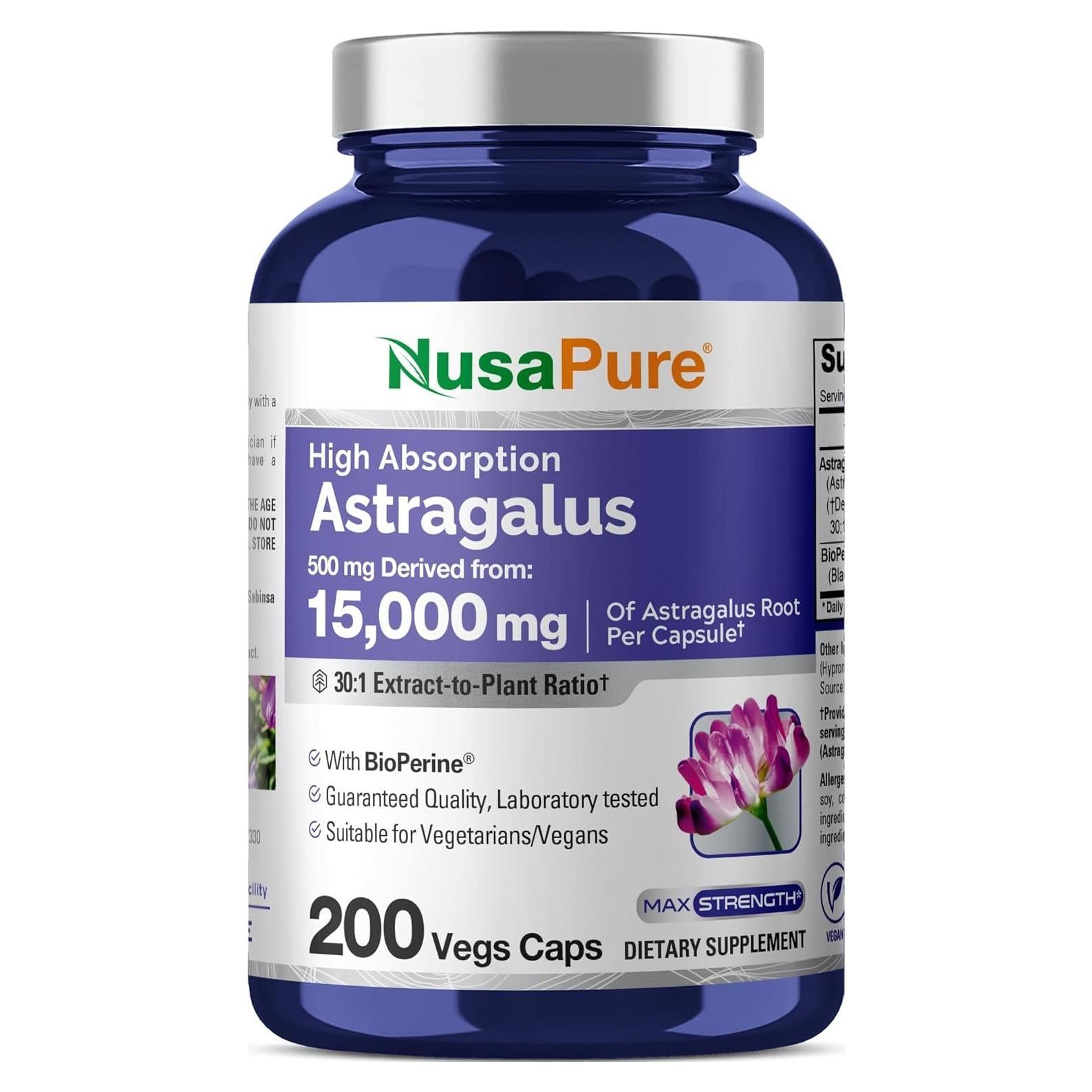 Extracto de Raíz de Astrágalo NusaPure 500 mg 200 Cápsulas Veganas