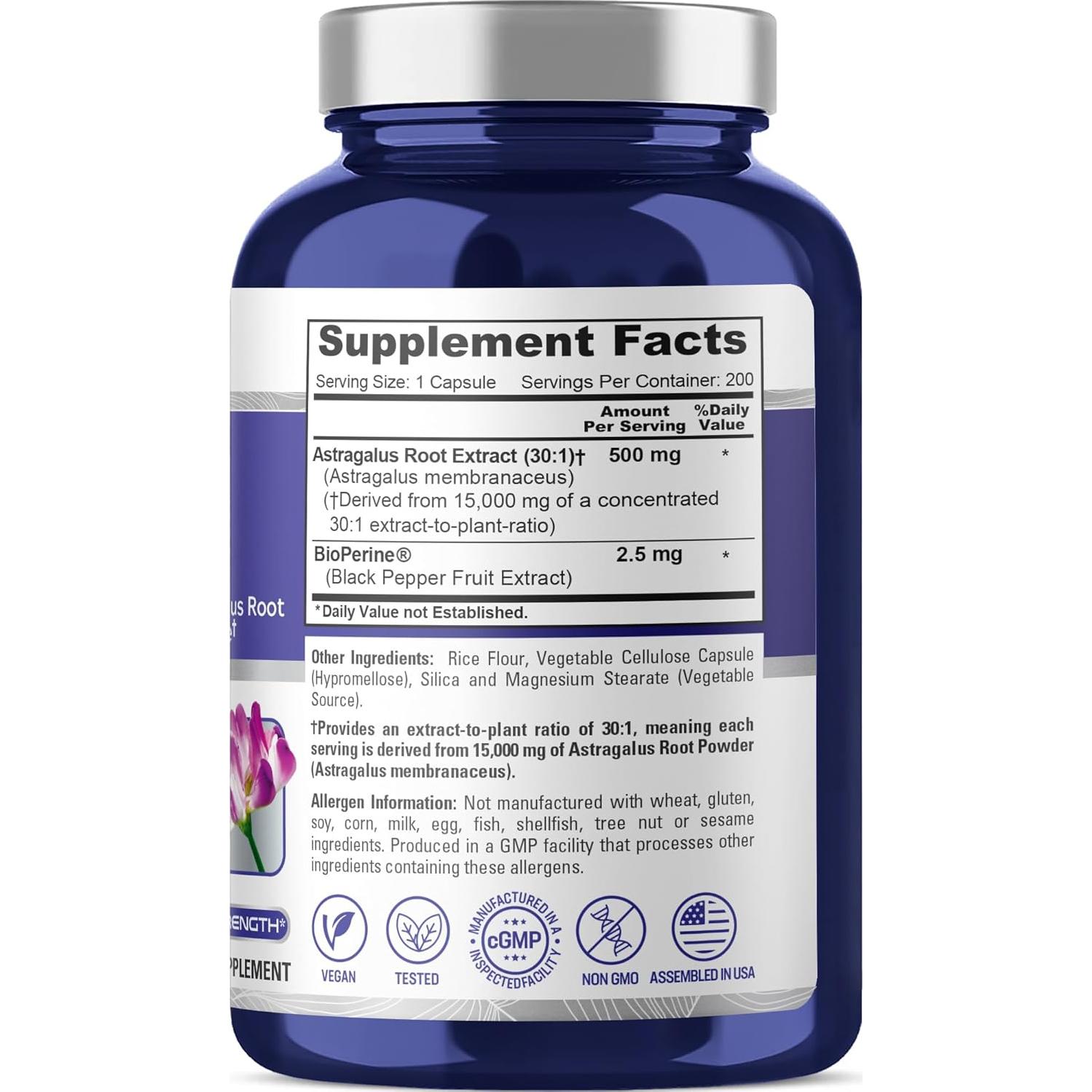 Extracto de Raíz de Astrágalo NusaPure 500 mg 200 Cápsulas Veganas