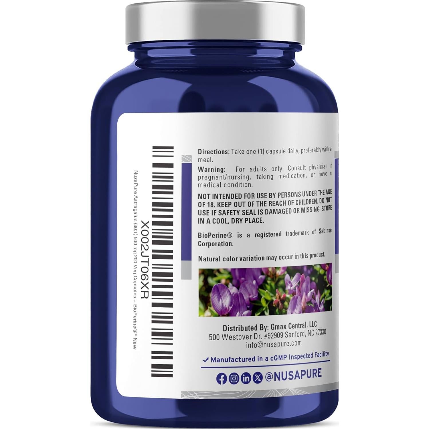 Extracto de Raíz de Astrágalo NusaPure 500 mg 200 Cápsulas Veganas