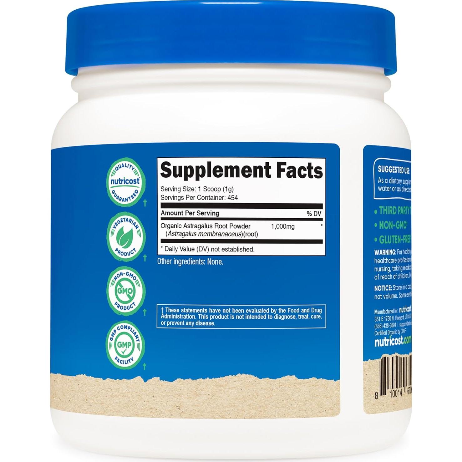 Polvo de Raíz de Astrágalo Orgánico Nutricost 450g - Sin Gluten