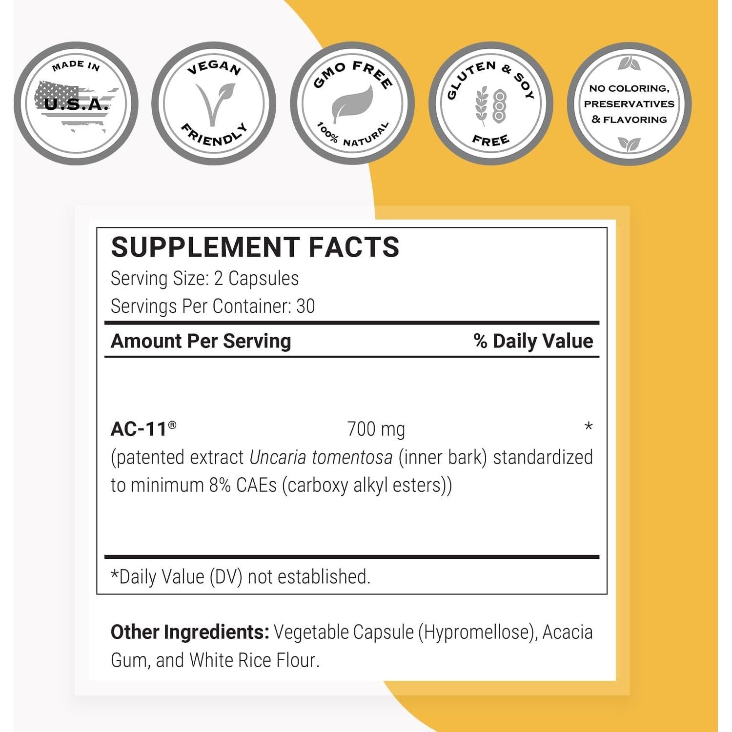 Suplemento AC-11 Supersmart 700mg - Extracto Una de Gato 60 Cápsulas