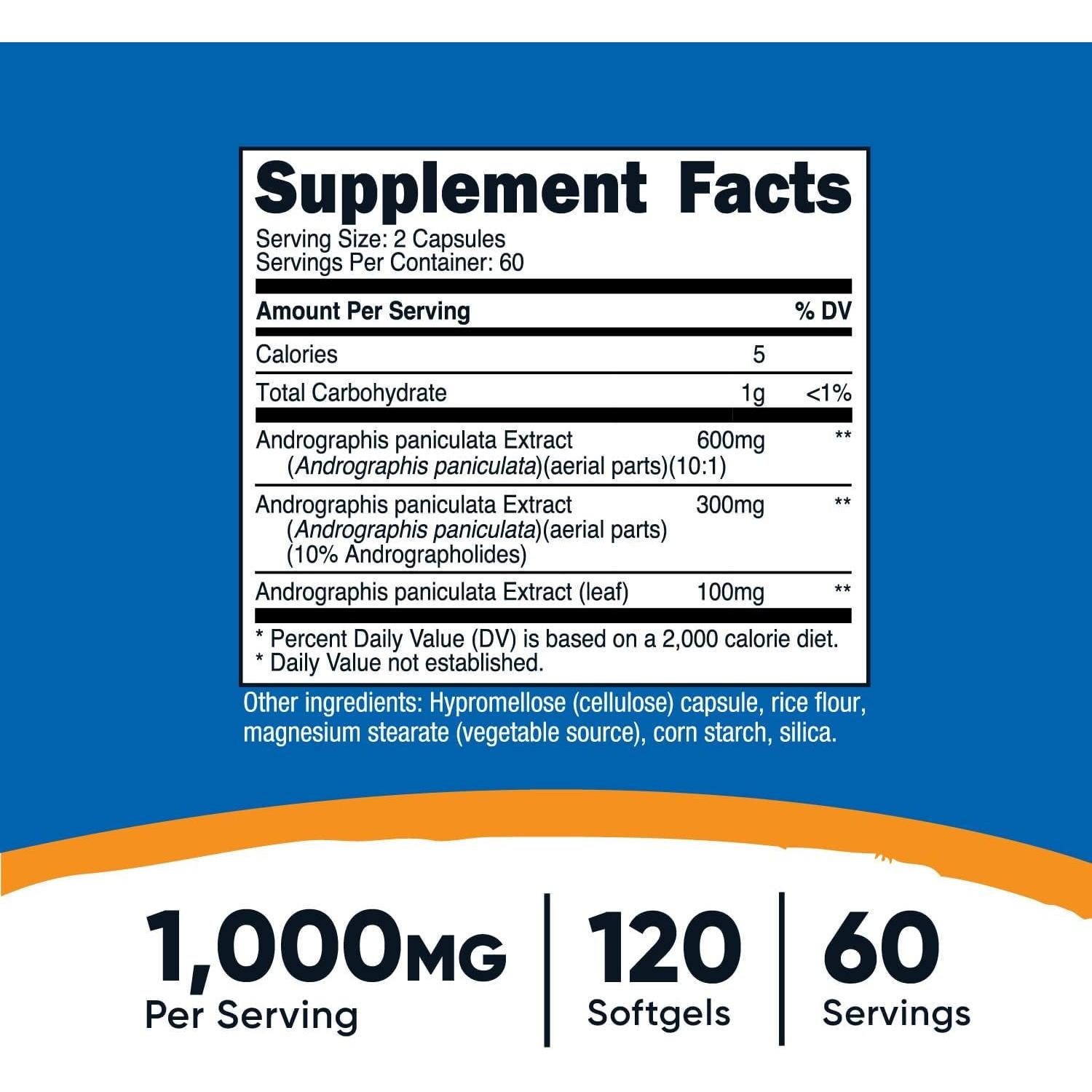 Cápsulas de Extracto de Andrographis Nutricost 1000mg 120 Unidades