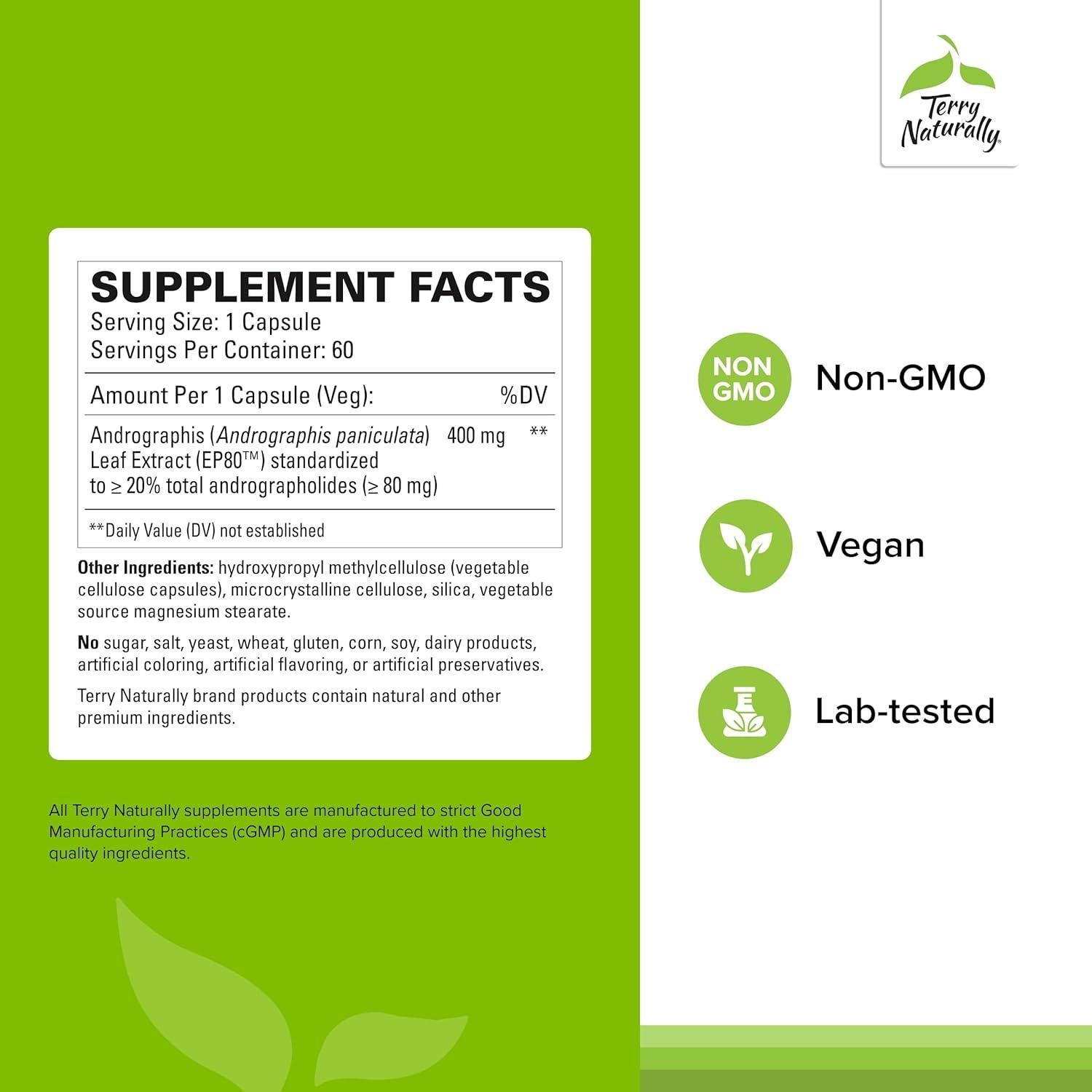 Suplemento Adaptógeno Terry Naturally Andrographis EP80 60 Cápsulas