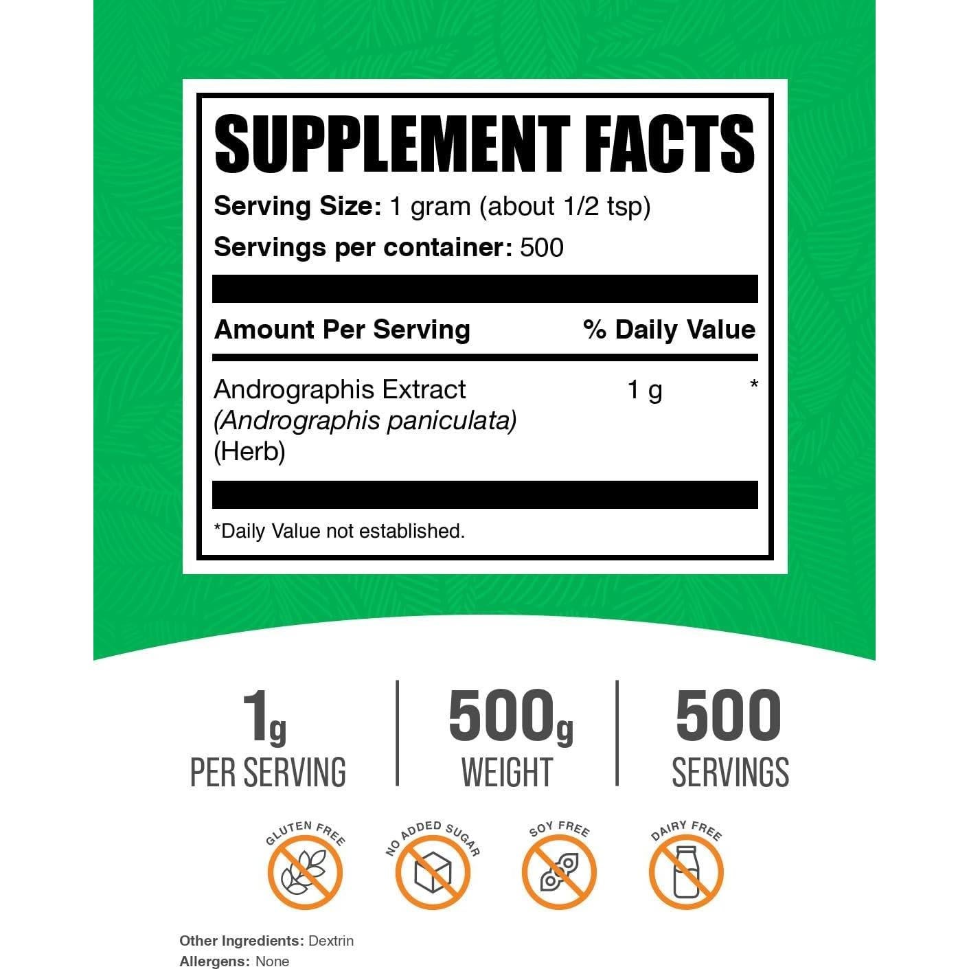 Extracto de Andrographis en Polvo BulkSupplements 500g Sin Gluten