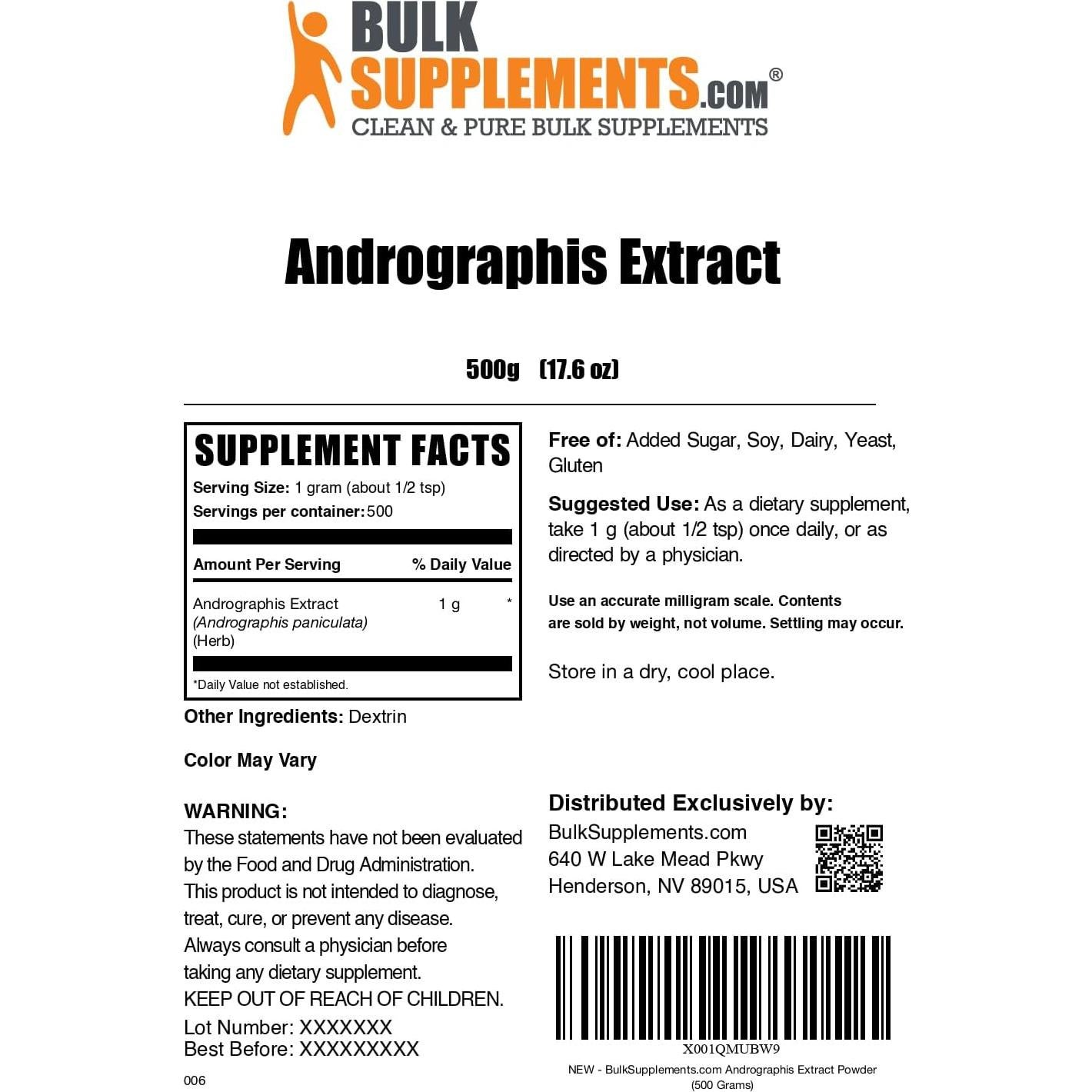 Extracto de Andrographis en Polvo BulkSupplements 500g Sin Gluten