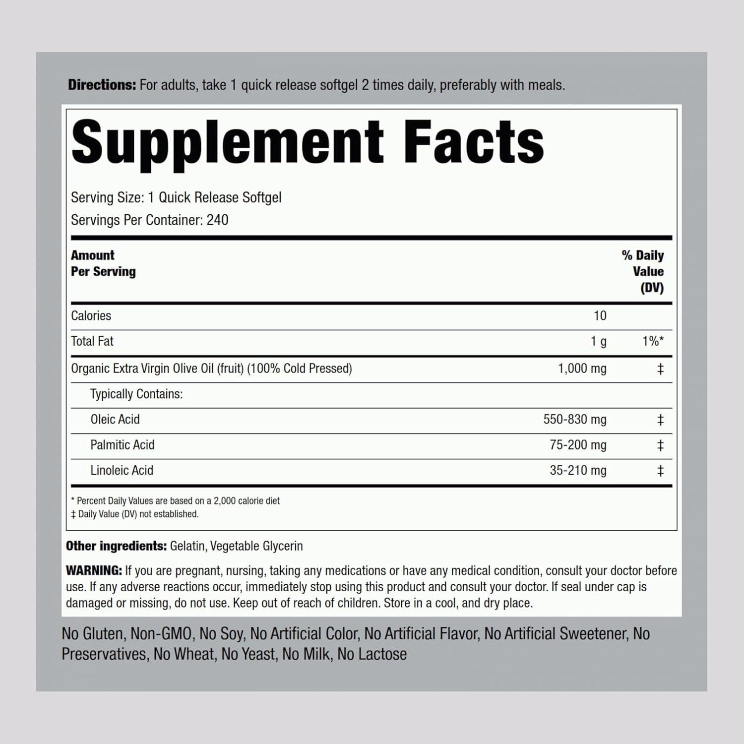 Cápsulas de Gel Suave Piping Rock Aceite de Oliva 1000mg 240 Unidades