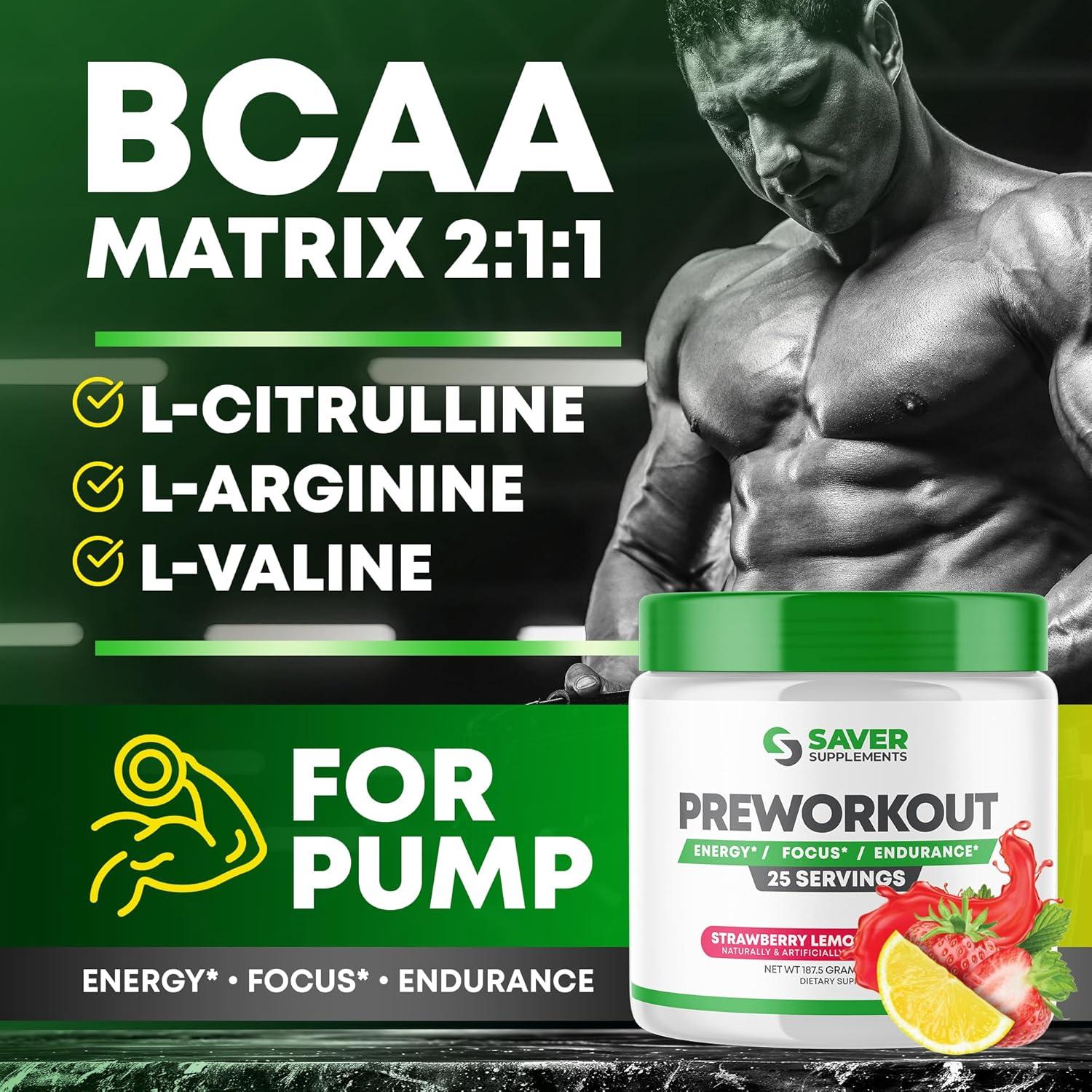 Polvo Pre Entrenamiento Saver Supplements - Beta Alanina, Creatina, BCAA, L Citrulina, L Arginina, Cafeína - Sabor Limón Fresa - 25 Porciones
