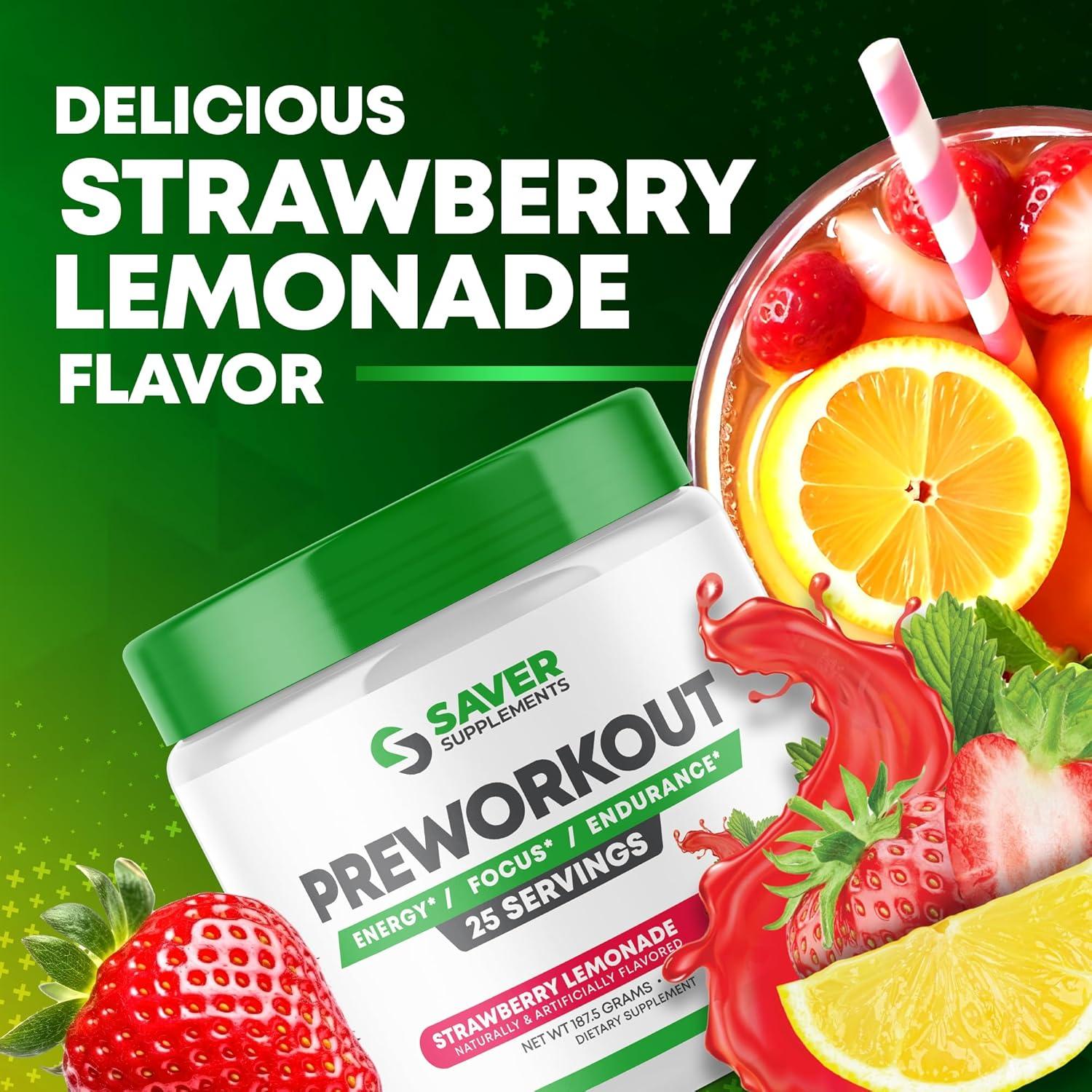 Polvo Pre Entrenamiento Saver Supplements - Beta Alanina, Creatina, BCAA, L Citrulina, L Arginina, Cafeína - Sabor Limón Fresa - 25 Porciones