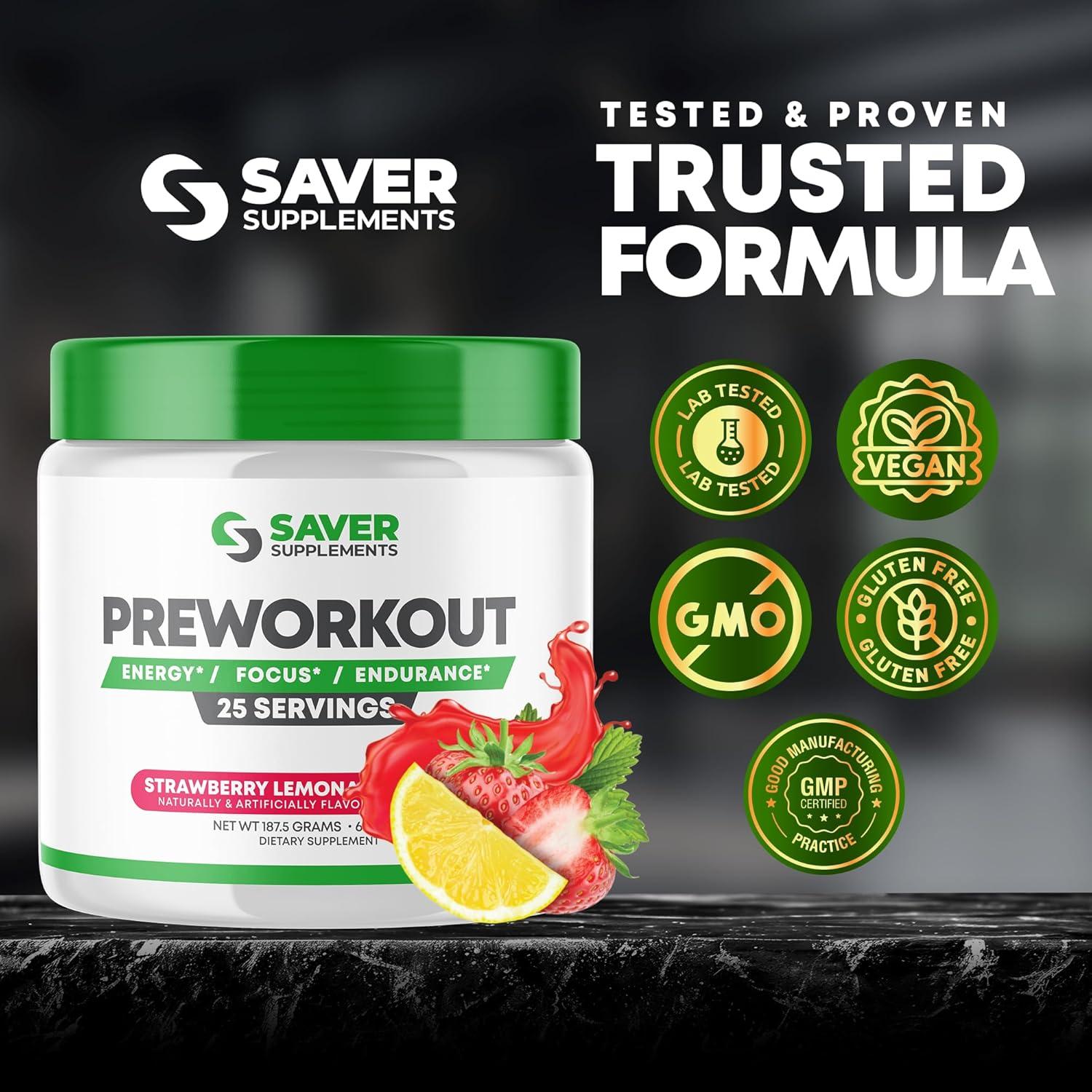 Polvo Pre Entrenamiento Saver Supplements - Beta Alanina, Creatina, BCAA, L Citrulina, L Arginina, Cafeína - Sabor Limón Fresa - 25 Porciones