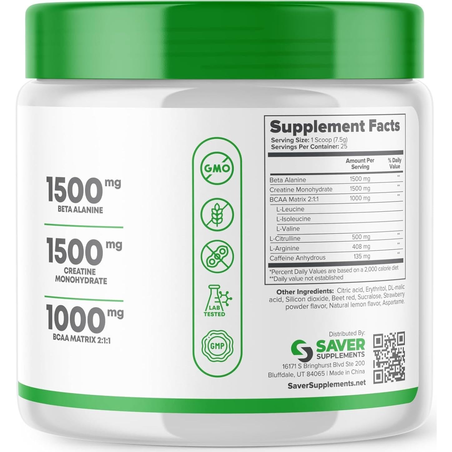 Polvo Pre Entrenamiento Saver Supplements - Beta Alanina, Creatina, BCAA, L Citrulina, L Arginina, Cafeína - Sabor Limón Fresa - 25 Porciones