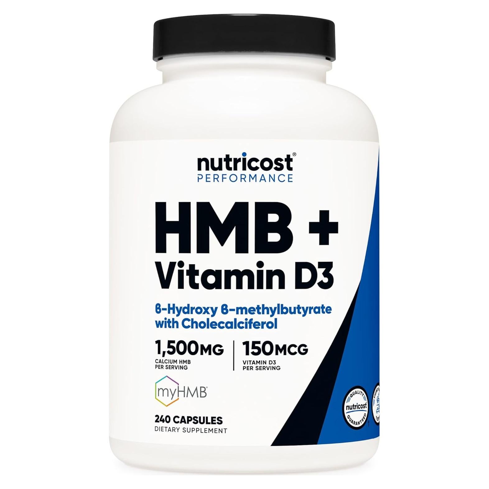 Suplemento HMB 1500mg y Vitamina D3 6000 IU Nutricost - 240 Cápsulas