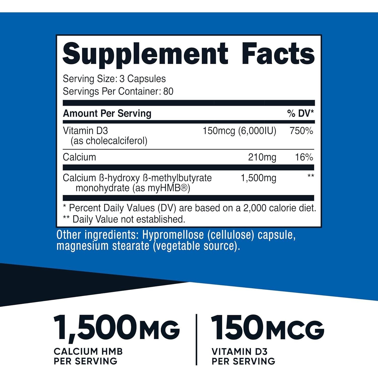 Suplemento HMB 1500mg y Vitamina D3 6000 IU Nutricost - 240 Cápsulas