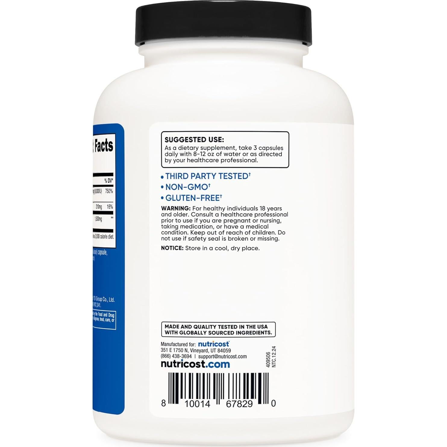 Suplemento HMB 1500mg y Vitamina D3 6000 IU Nutricost - 240 Cápsulas