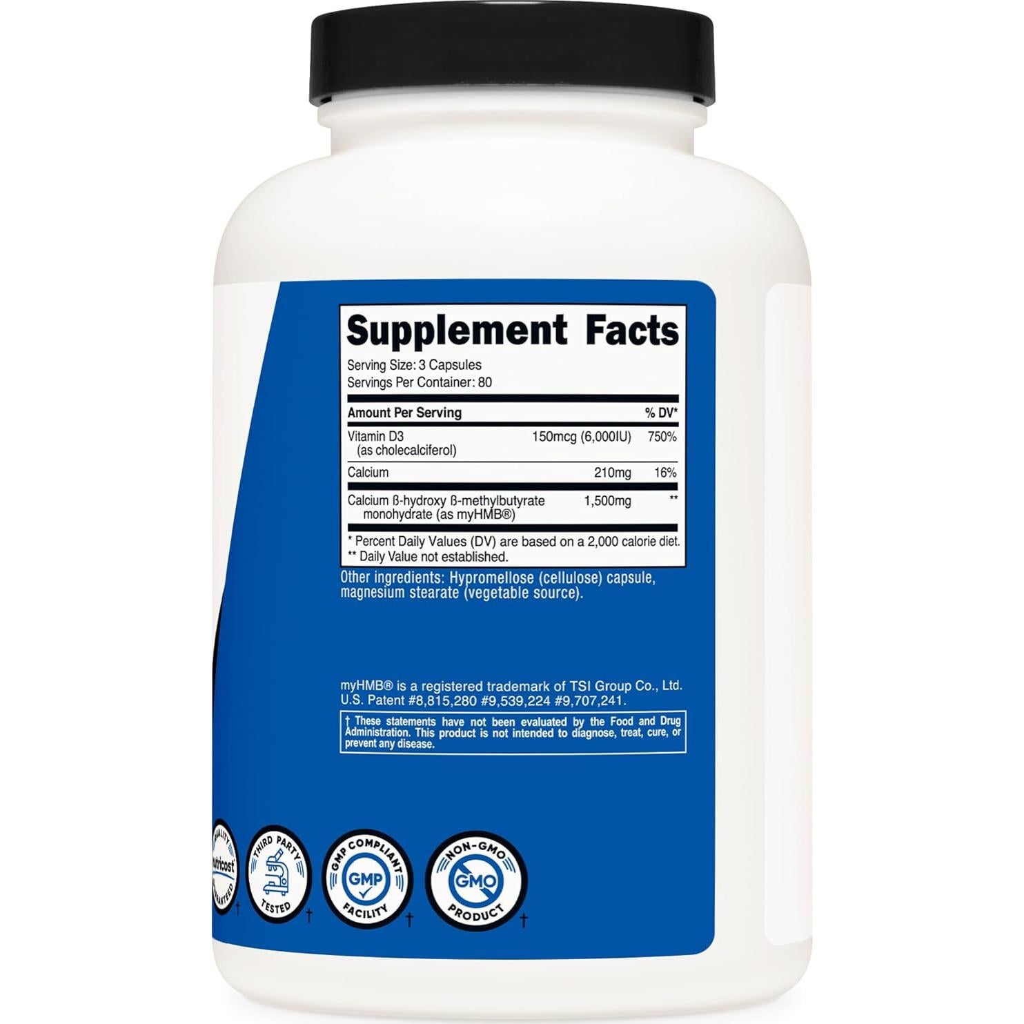 Suplemento HMB 1500mg y Vitamina D3 6000 IU Nutricost - 240 Cápsulas