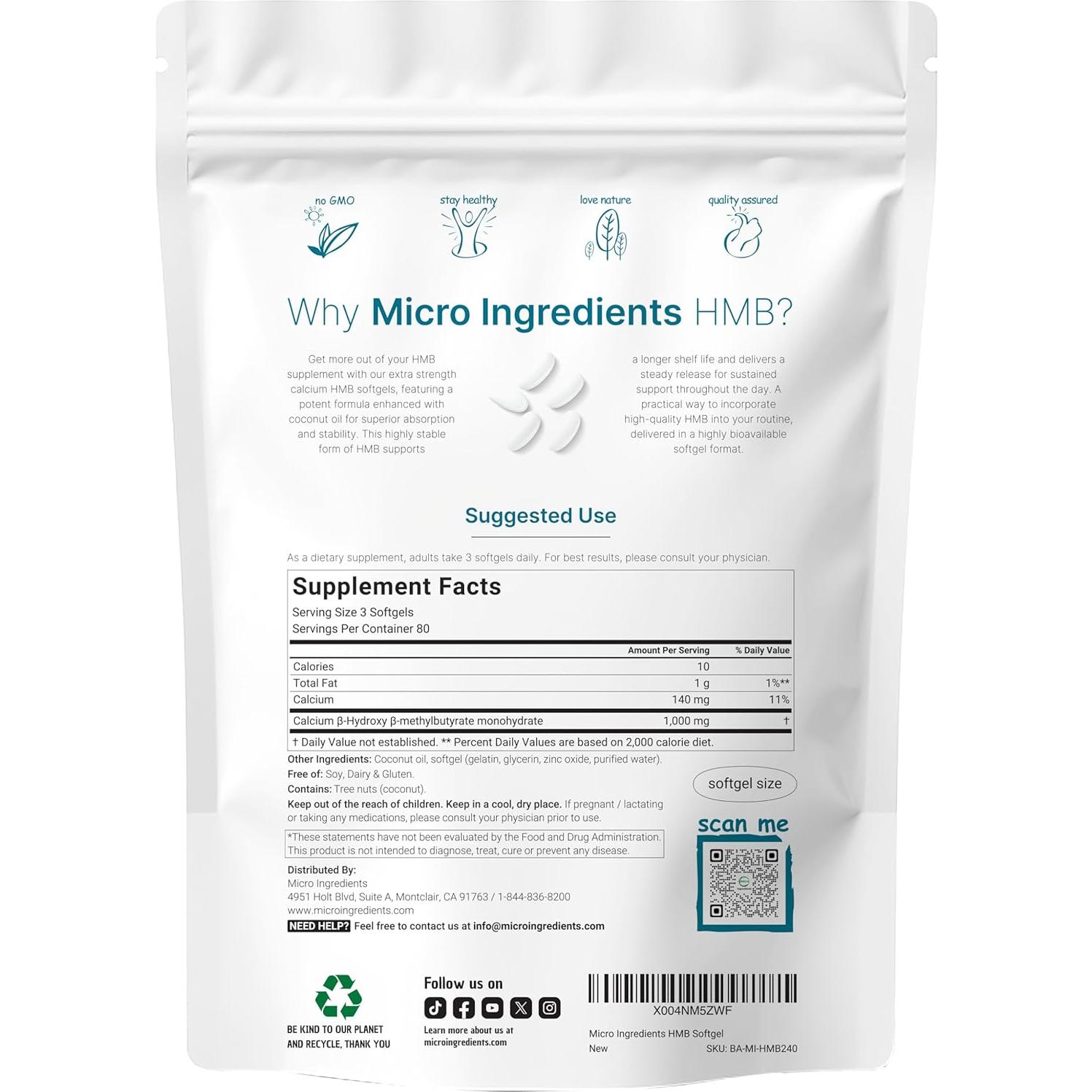 Suplemento HMB 1000mg Micro Ingredients 240 Gelatinas Blandas