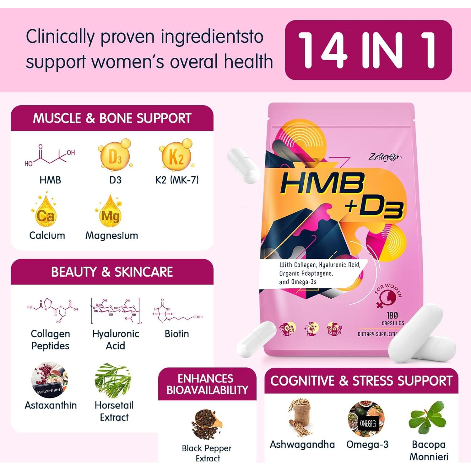 Suplemento HMB Zaigon para Mujeres 180 Cápsulas | Vitamina D3, Colágeno, Omega 3