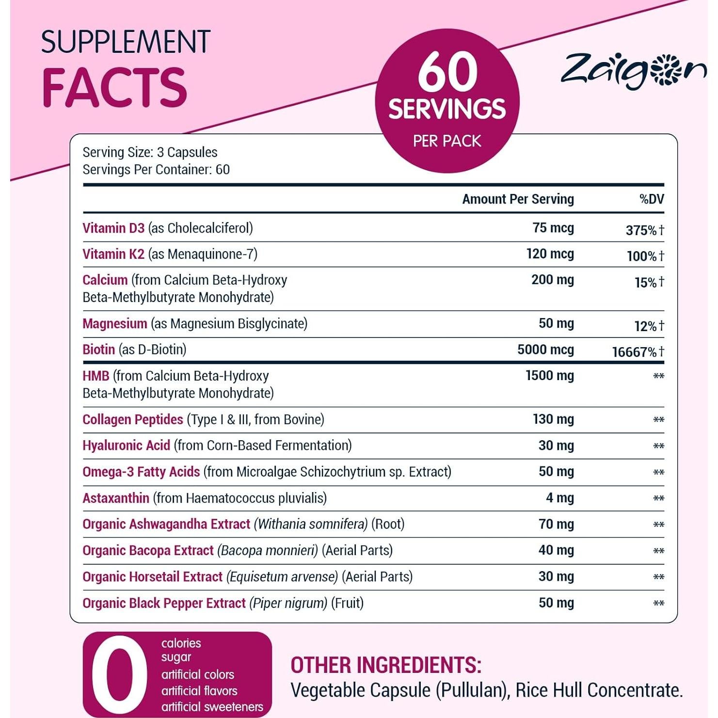 Suplemento HMB Zaigon para Mujeres 180 Cápsulas | Vitamina D3, Colágeno, Omega 3