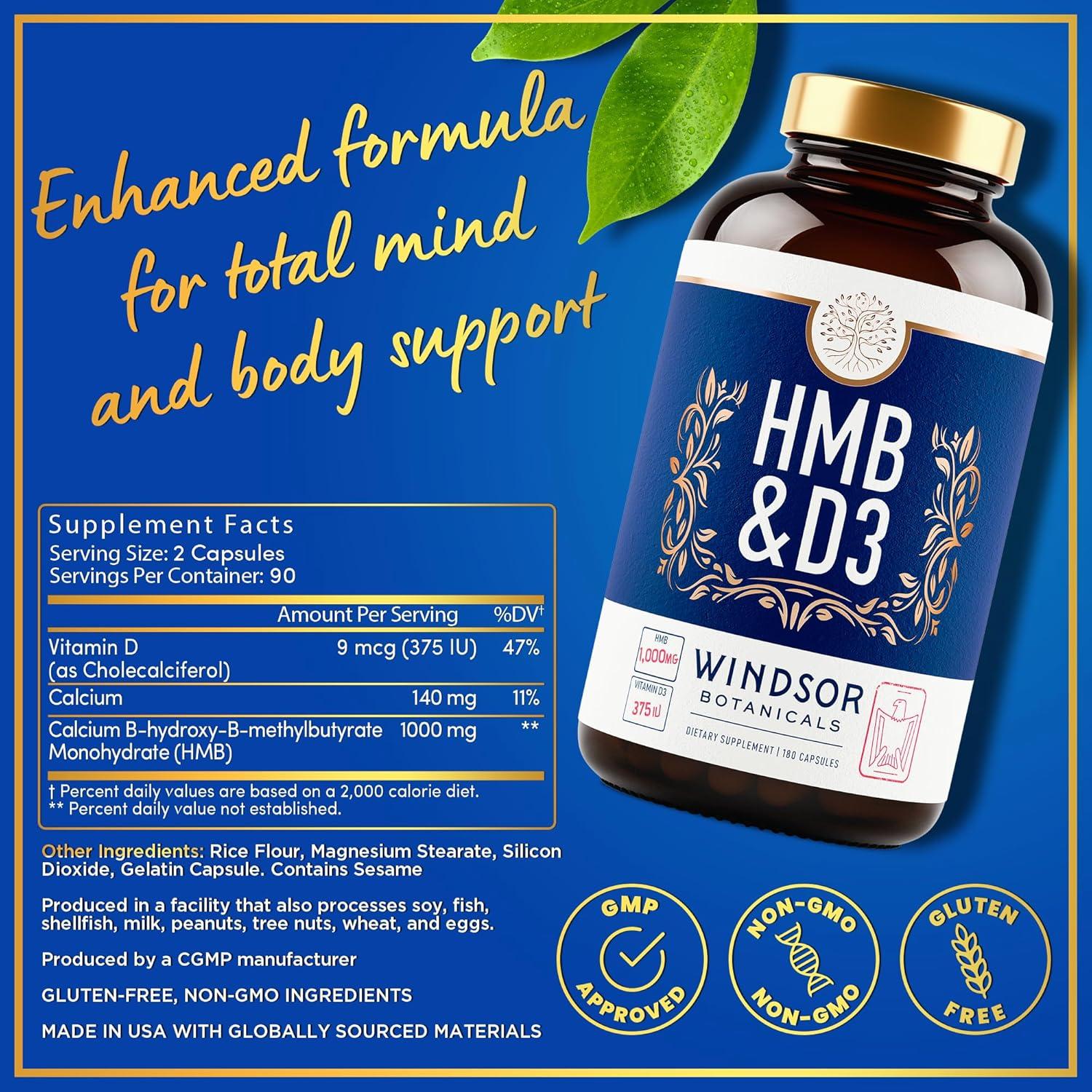 Suplemento HMB y Vitamina D3 Windsor Botanicals 180 Cápsulas