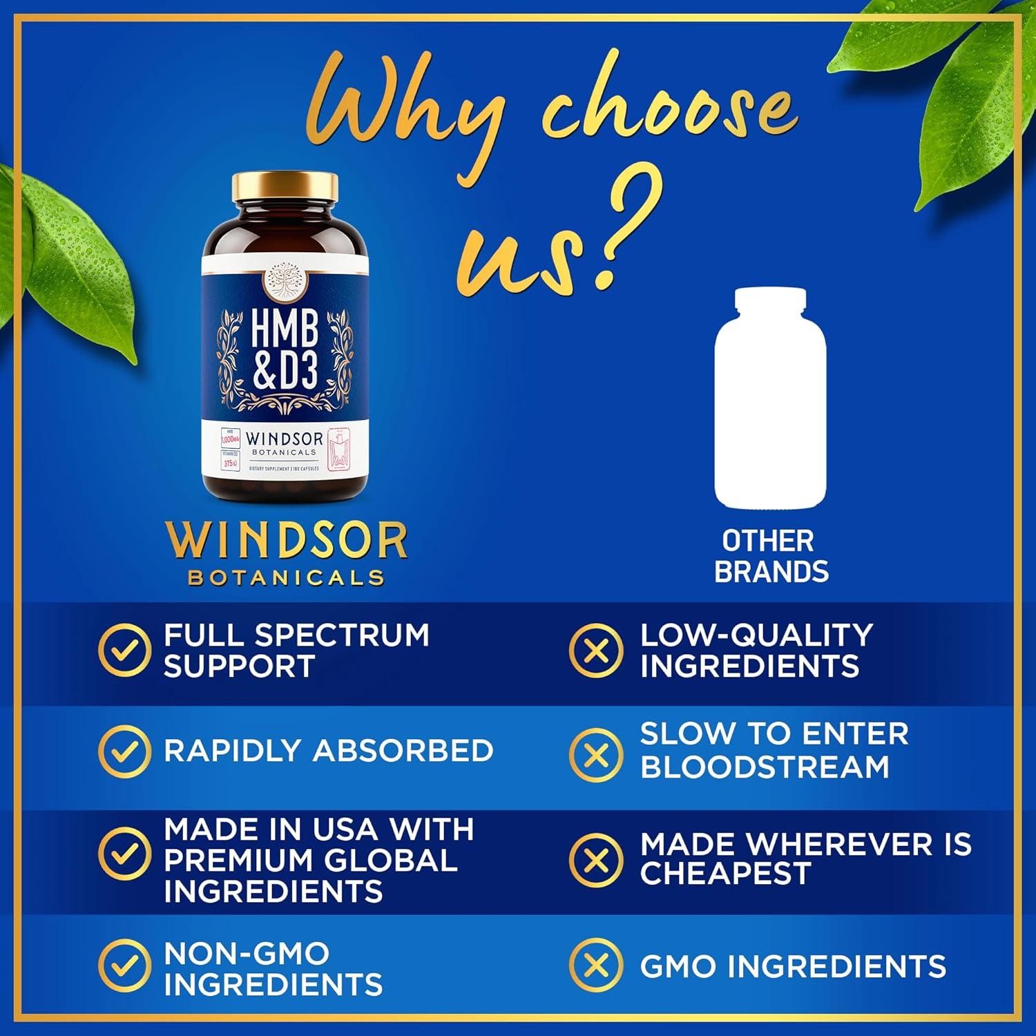 Suplemento HMB y Vitamina D3 Windsor Botanicals 180 Cápsulas