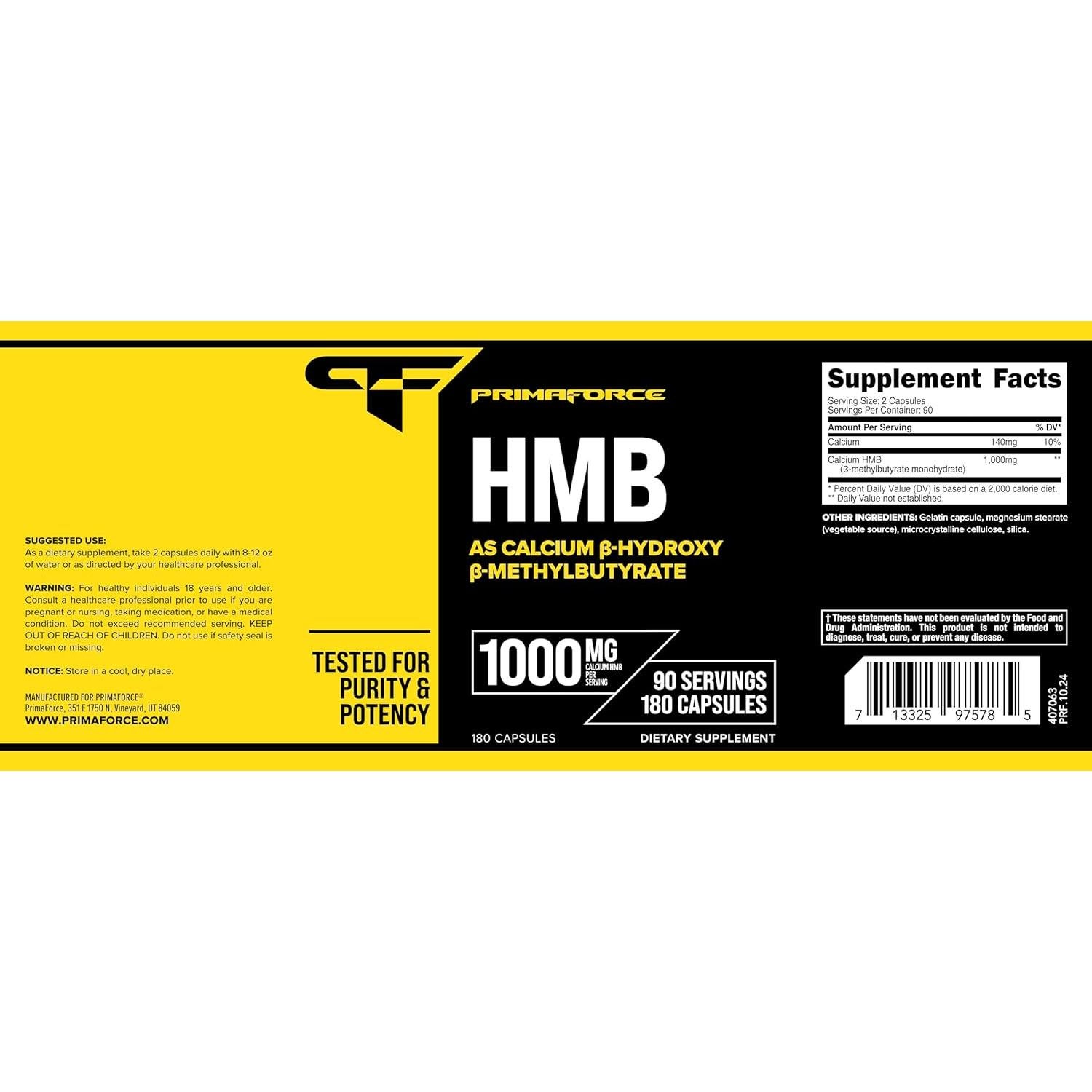 Suplemento HMB Primaforce 1000mg 180 Cápsulas Sin Gluten