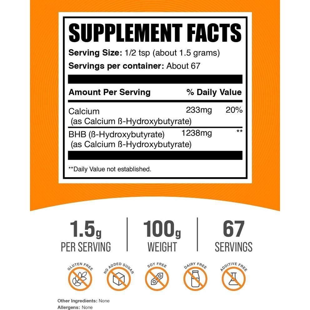 Polvo de Calcio BHB BulkSupplements 100g - Suplemento Keto