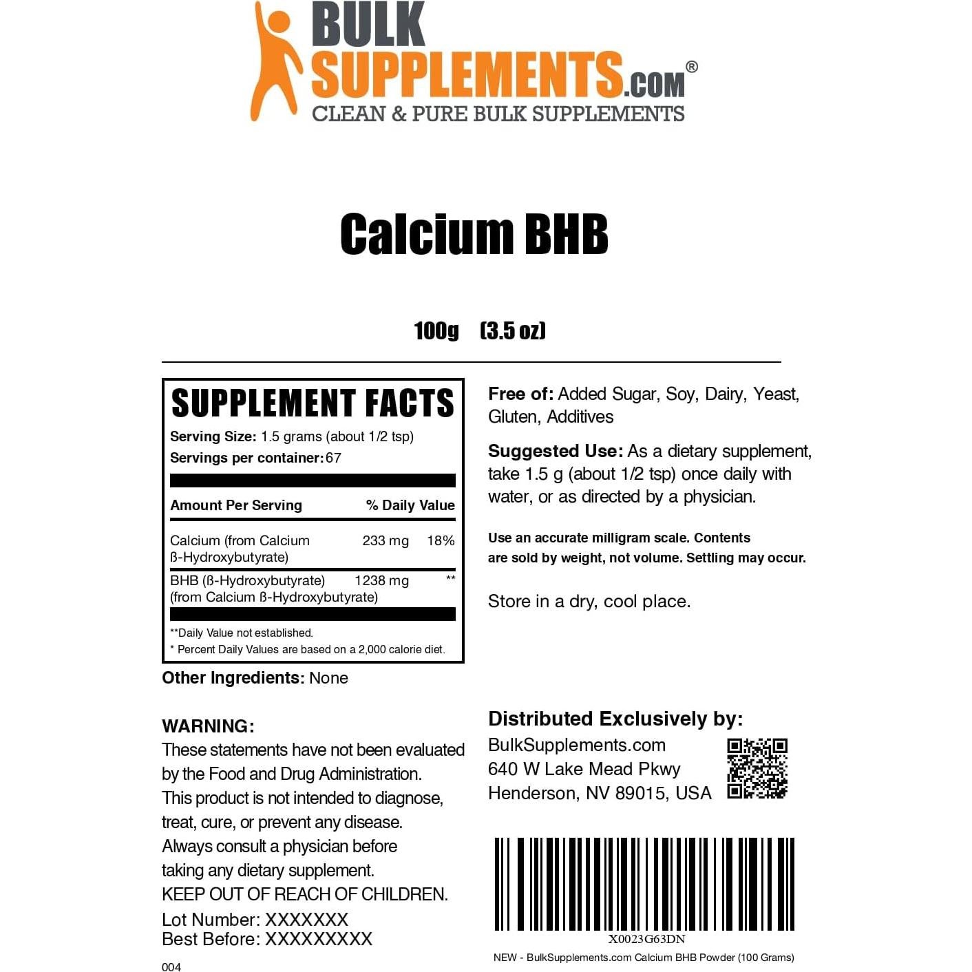 Polvo de Calcio BHB BulkSupplements 100g - Suplemento Keto