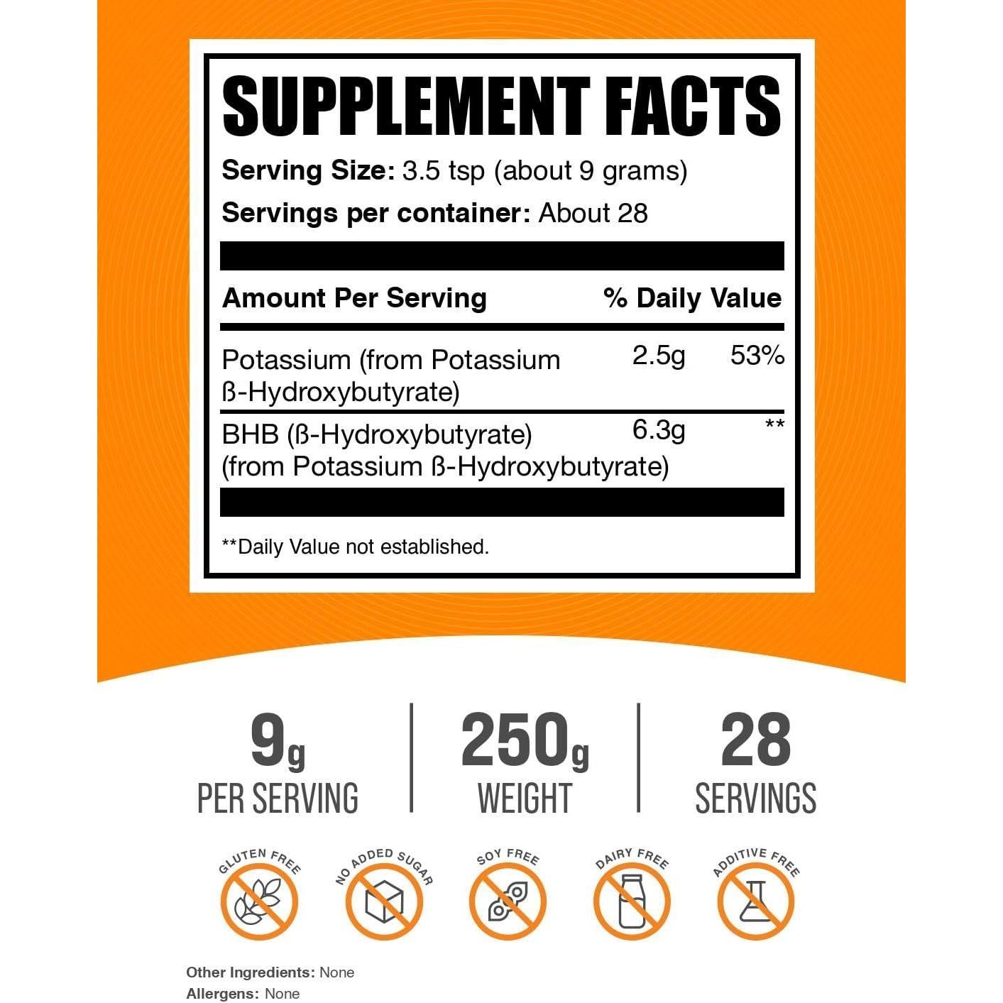 Polvo de Potasio BHB BulkSupplements 250g - Vegano y Sin Gluten