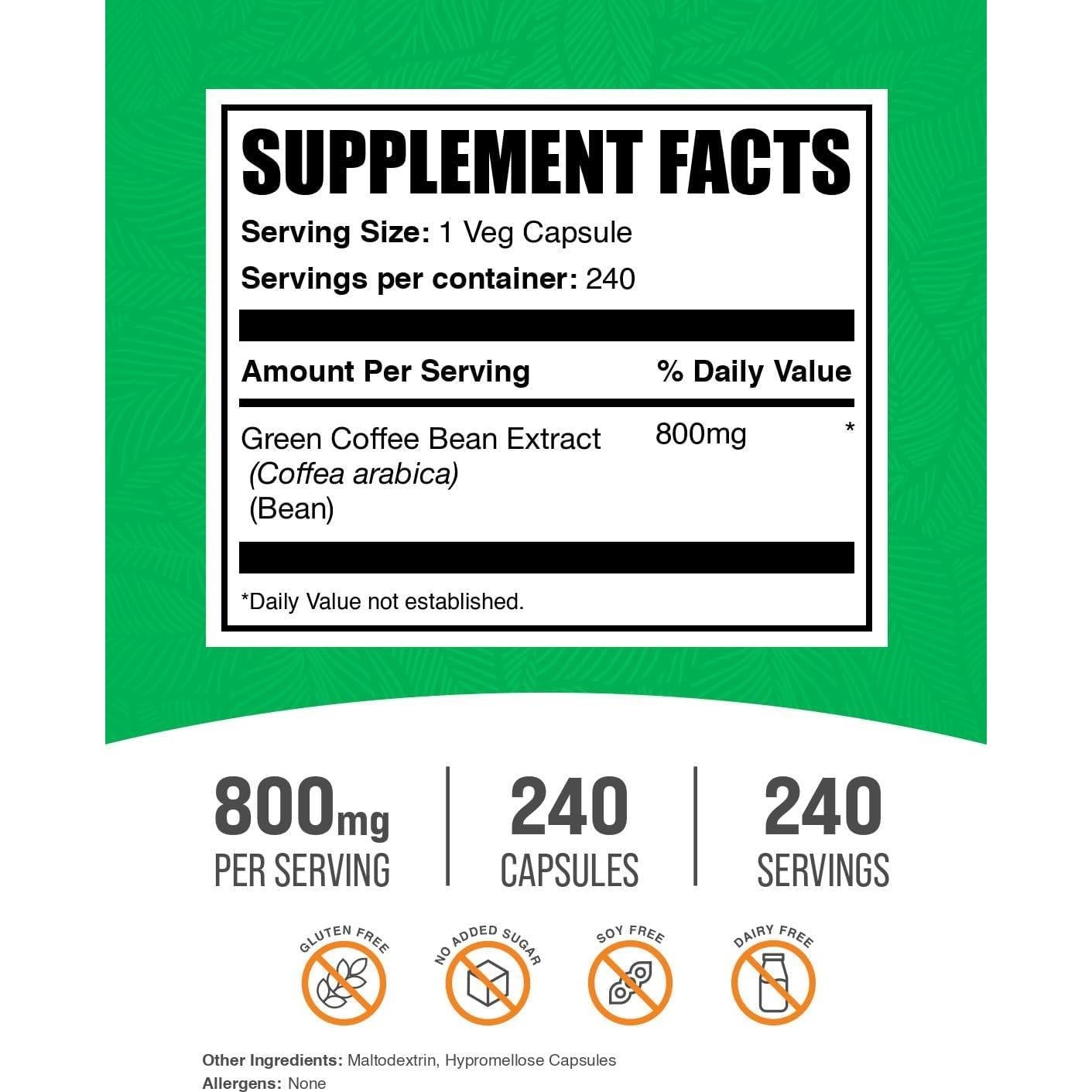 Cápsulas de Extracto de Grano de Café Verde BulkSupplements 240u