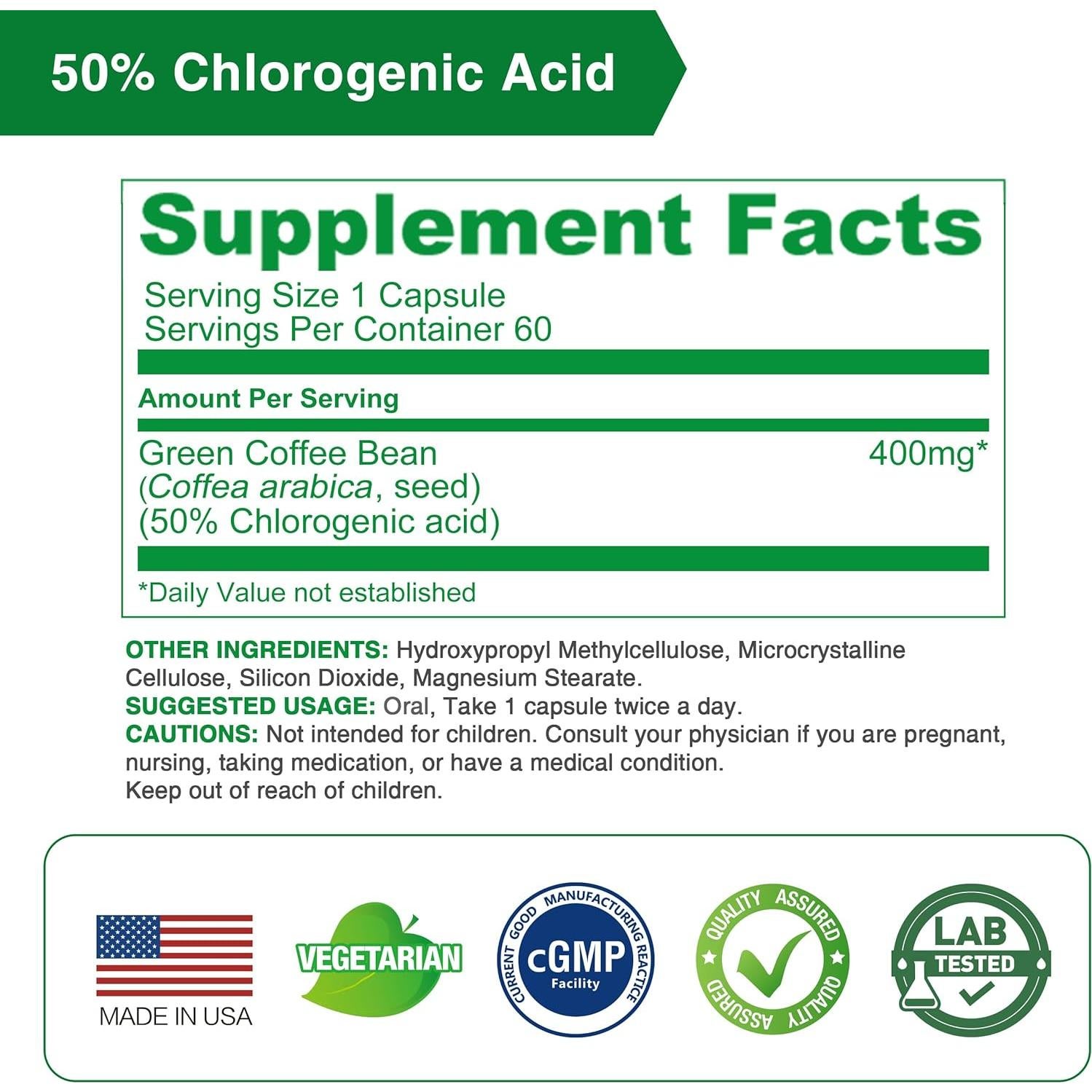 Extracto de Grano de Café Verde Lovita 1600 mg 60 Cápsulas Veganas