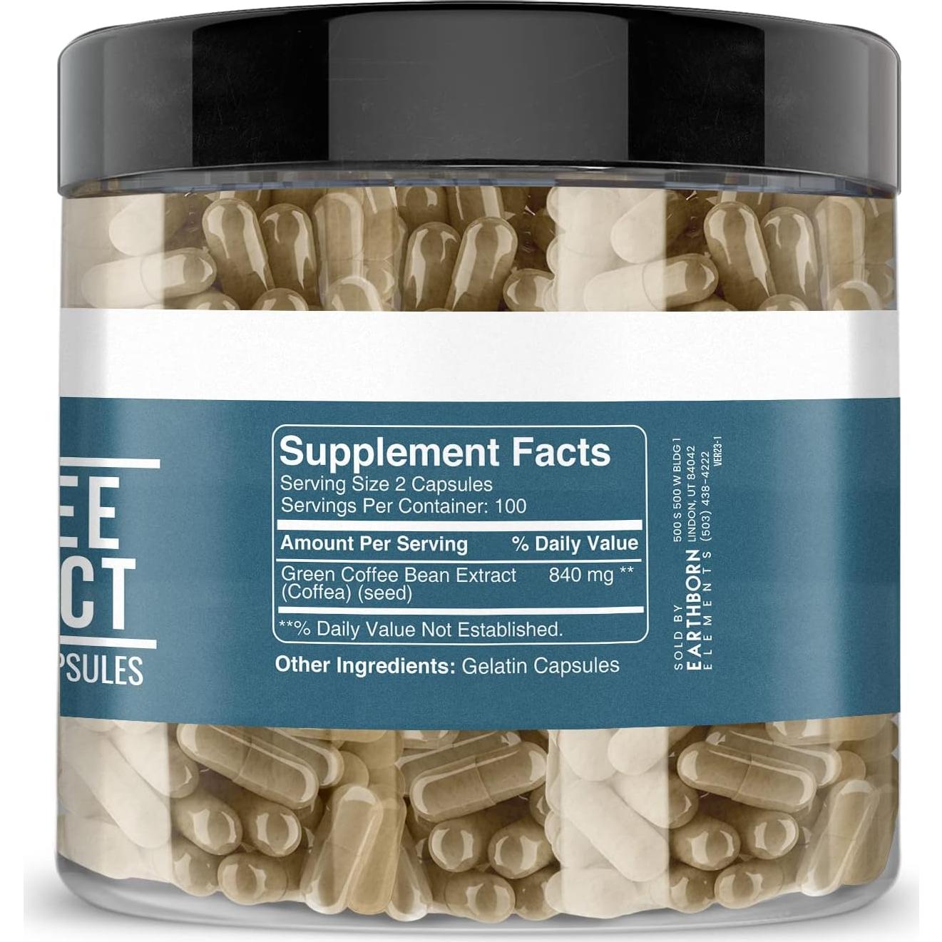 Extracto de Grano de Café Verde Earthborn Elements 200 Cápsulas Puro
