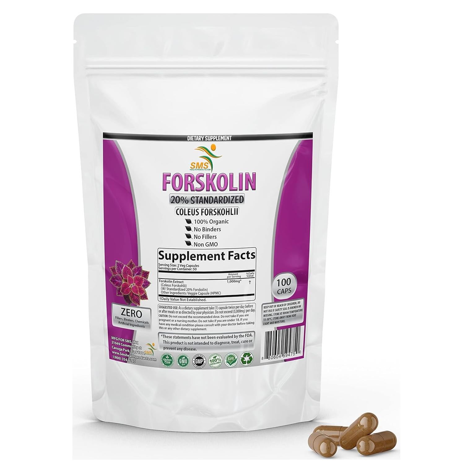 Suplemento de Forskolina Pura Smshealthproducts 1000 mg 100 Cápsulas