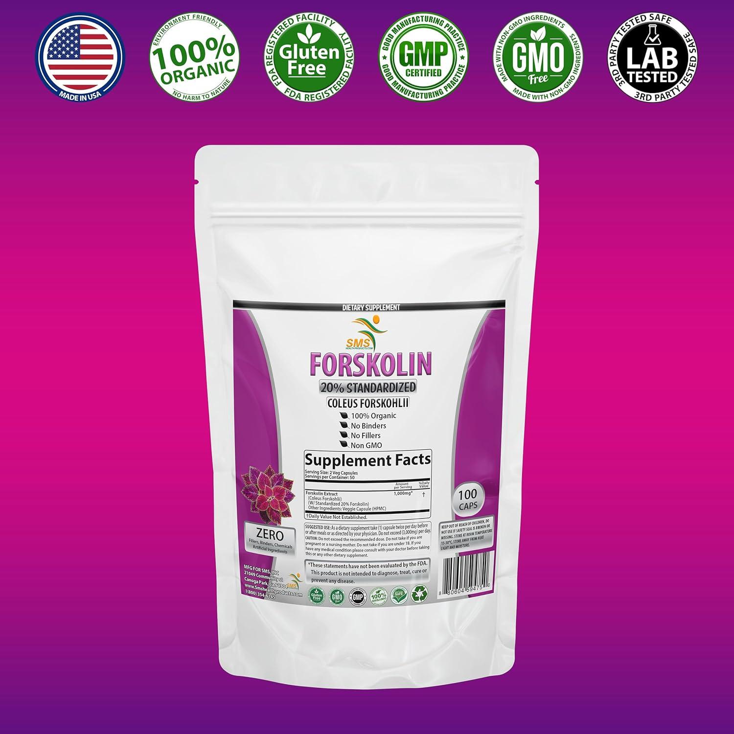 Suplemento de Forskolina Pura Smshealthproducts 1000 mg 100 Cápsulas