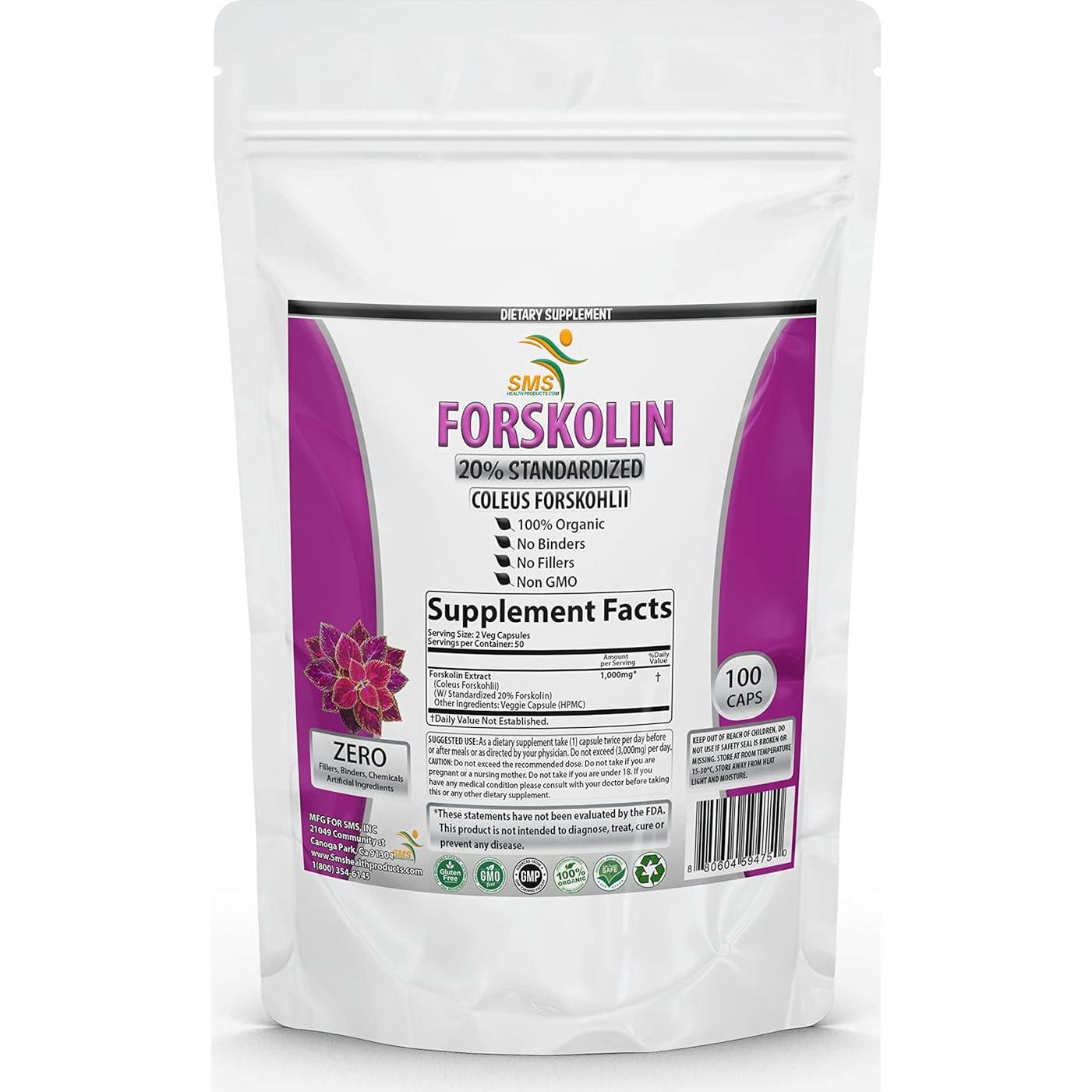 Suplemento de Forskolina Pura Smshealthproducts 1000 mg 100 Cápsulas