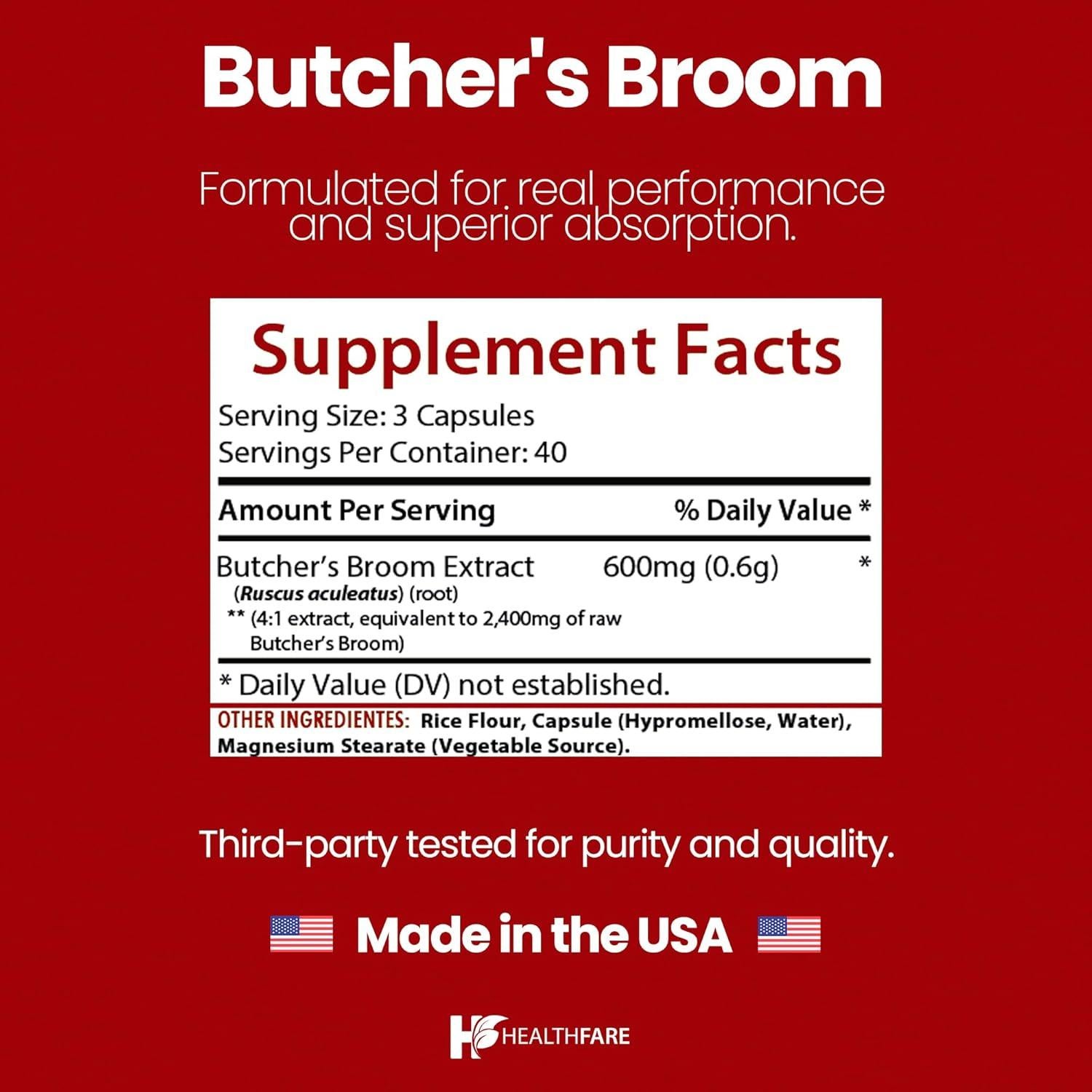 Suplemento Herbal Escoba de Carnicero Healthfare 2400mg 120 Cápsulas