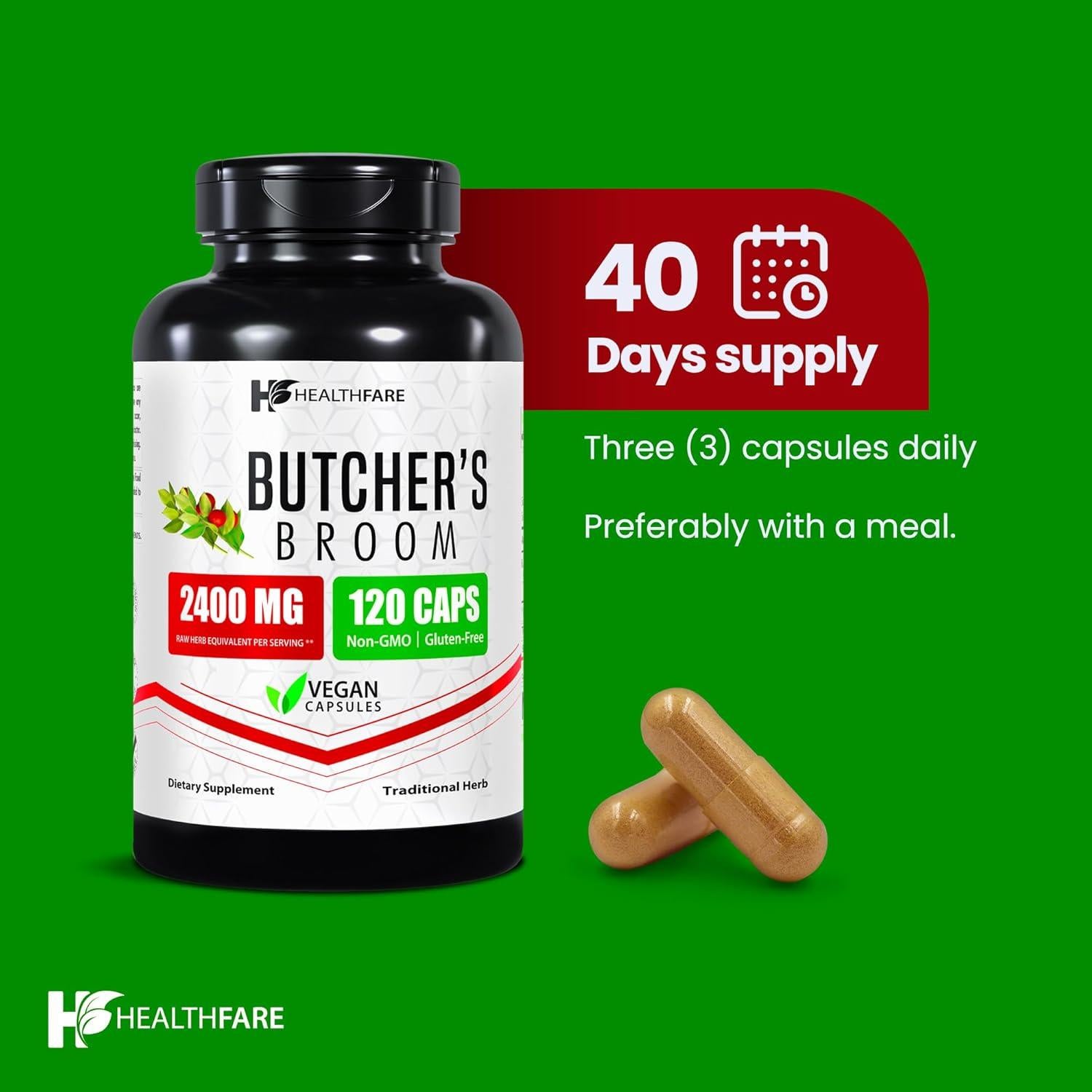 Suplemento Herbal Escoba de Carnicero Healthfare 2400mg 120 Cápsulas