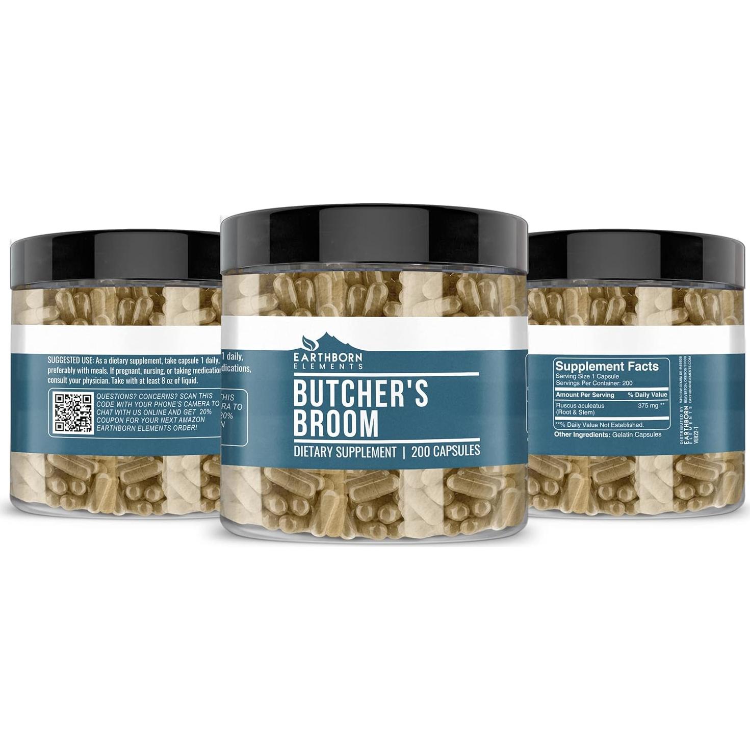 Escoba de Butcher Earthborn Elements 200 Cápsulas Puras Sin Aditivos