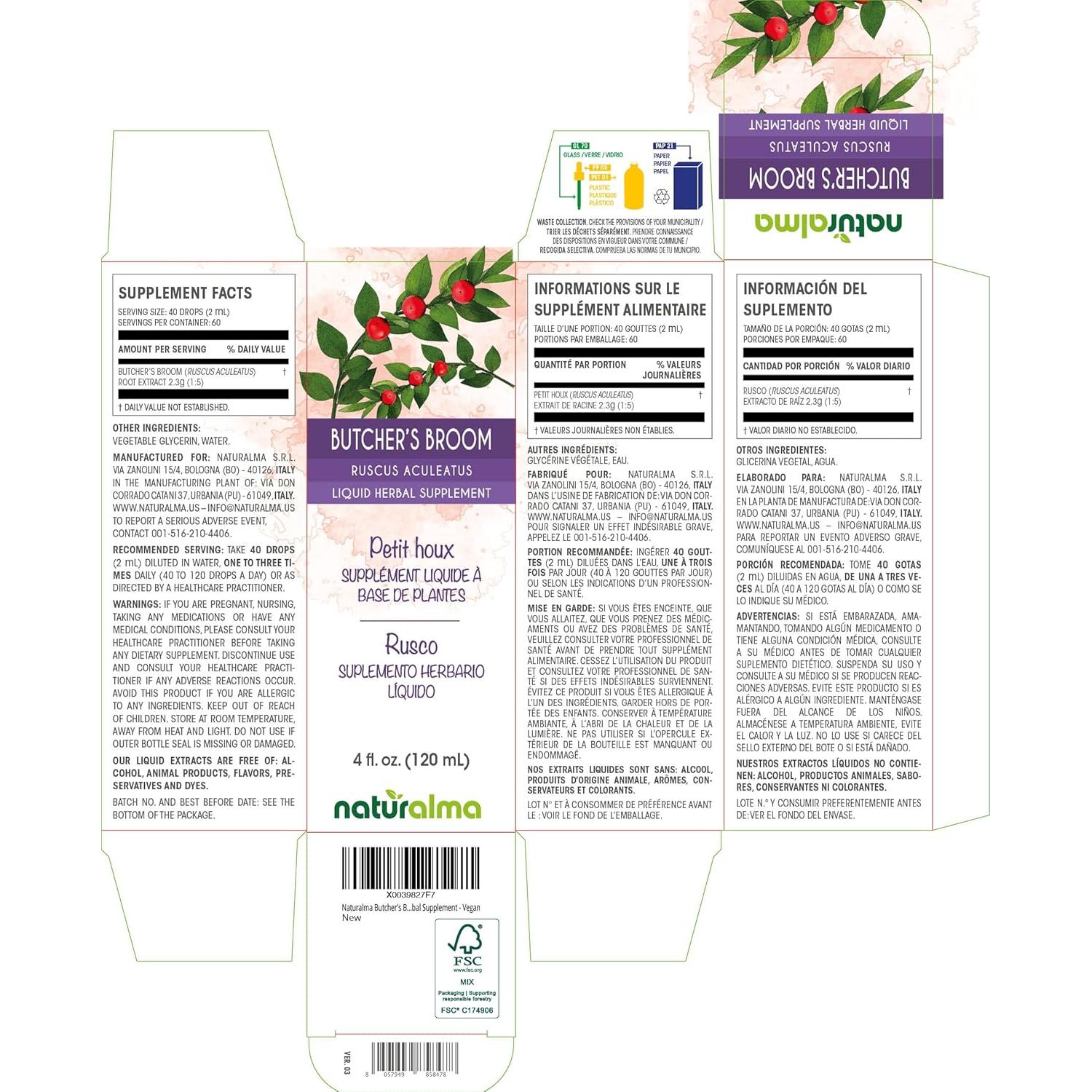 Tintura de Ruscus aculeatus Naturalma 118 ml Sin Alcohol