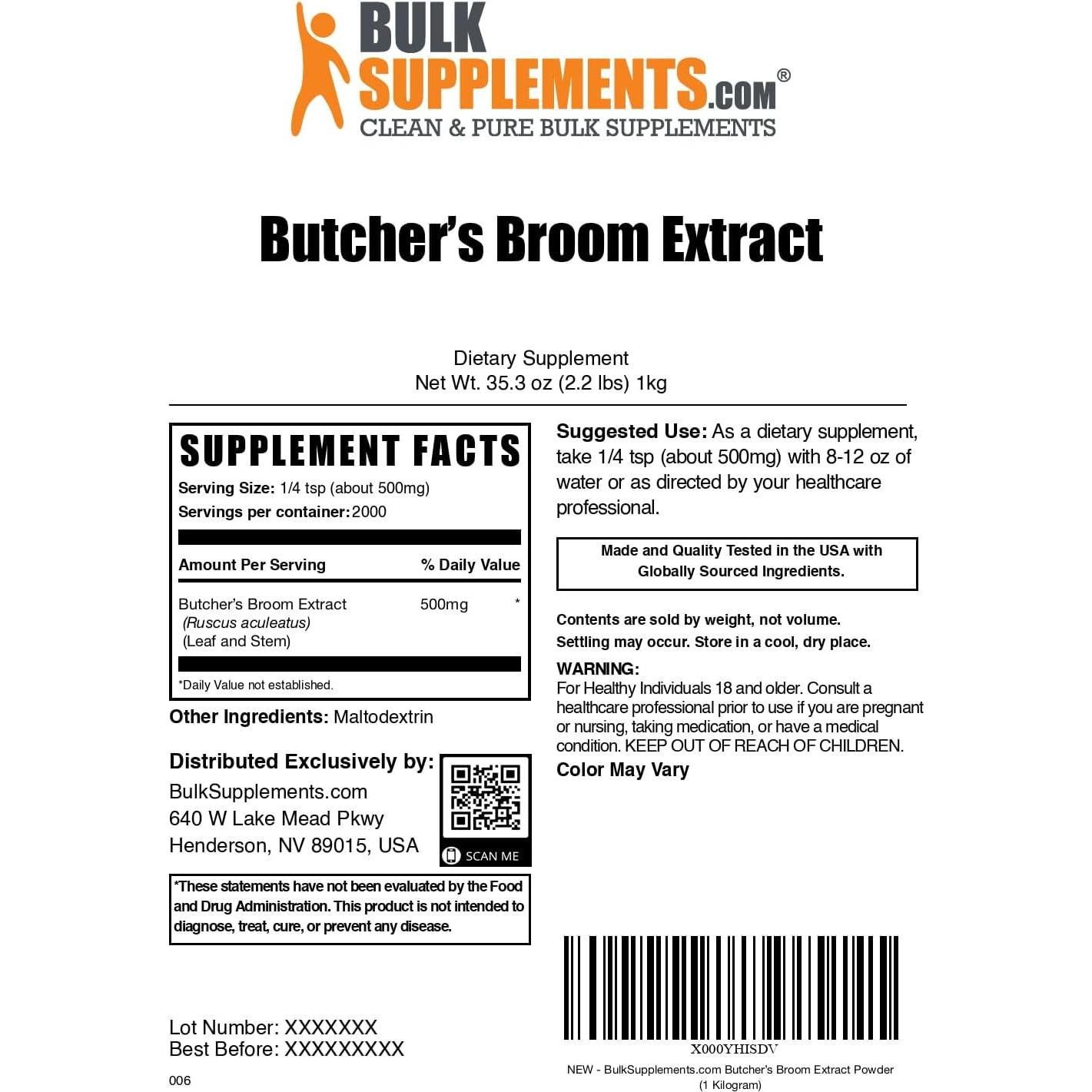 Extracto de Escoba de Butcher BulkSupplements 1kg Vegano