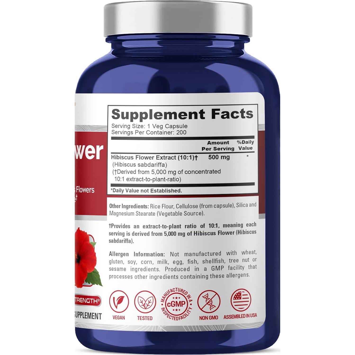 Extracto de Flor de Hibisco NusaPure 10:1 500mg 200 Cápsulas Veganas