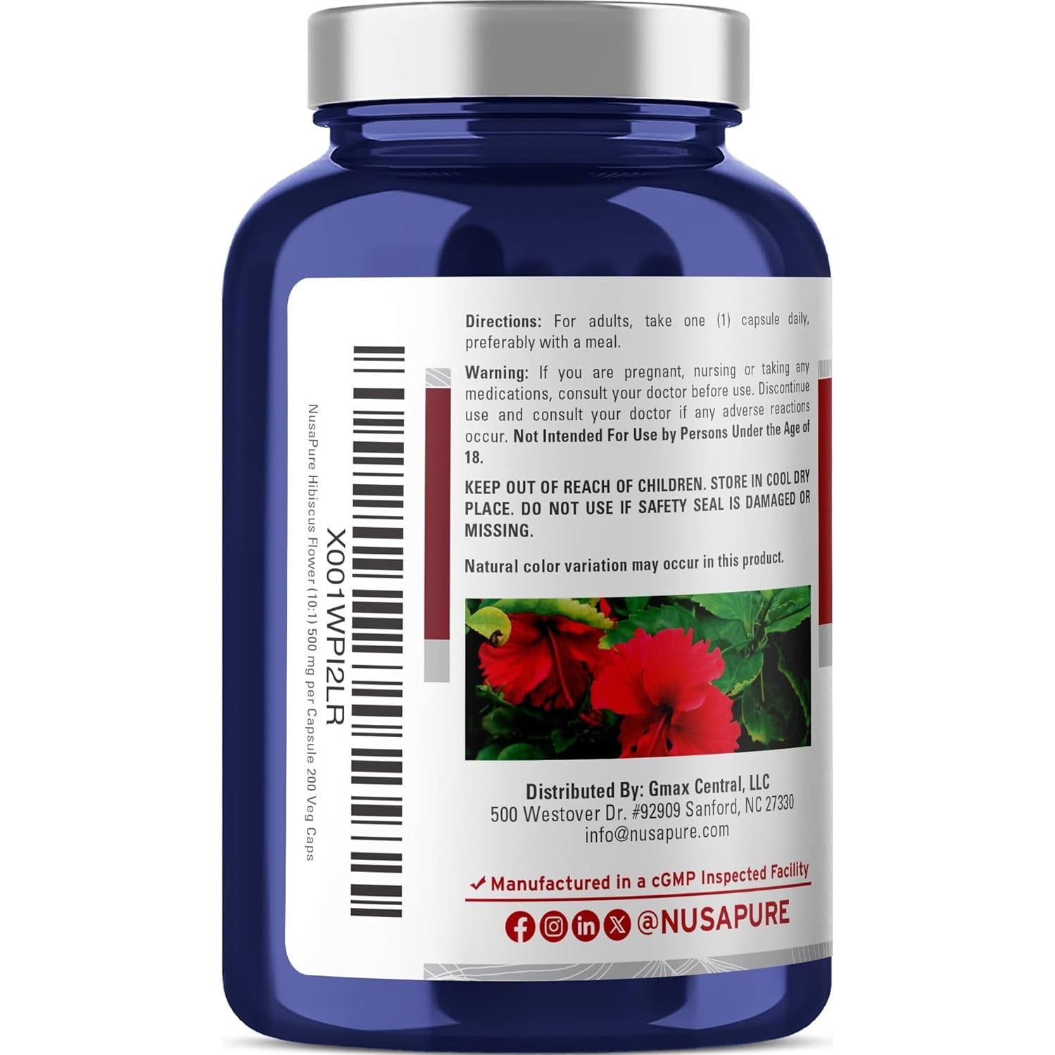 Extracto de Flor de Hibisco NusaPure 10:1 500mg 200 Cápsulas Veganas