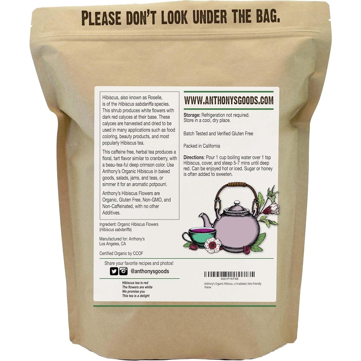 Flores de Hibisco Orgánico Anthony's 0.45 kg Sin Gluten No OGM