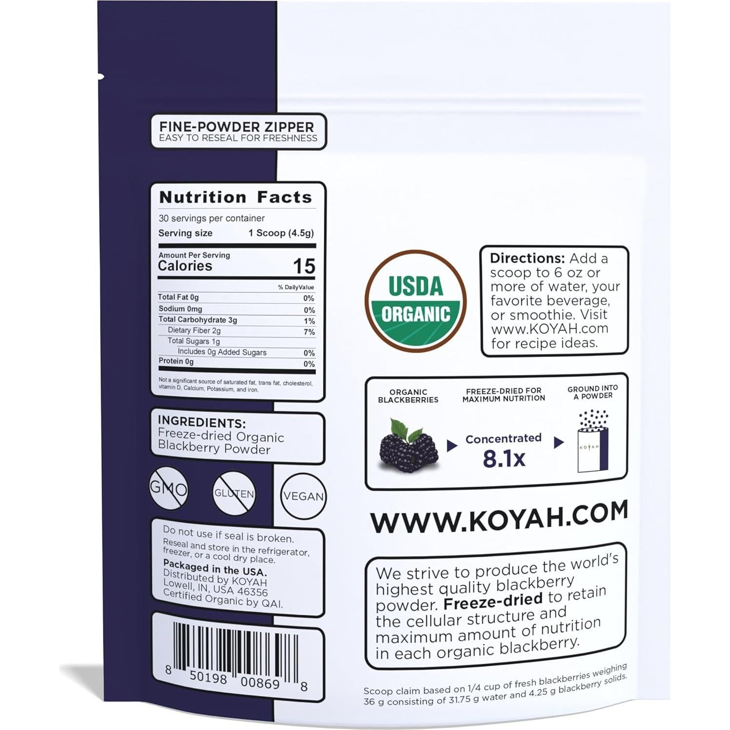 Polvo de Mora Orgánica KOYAH - 30 Porciones Liofilizado