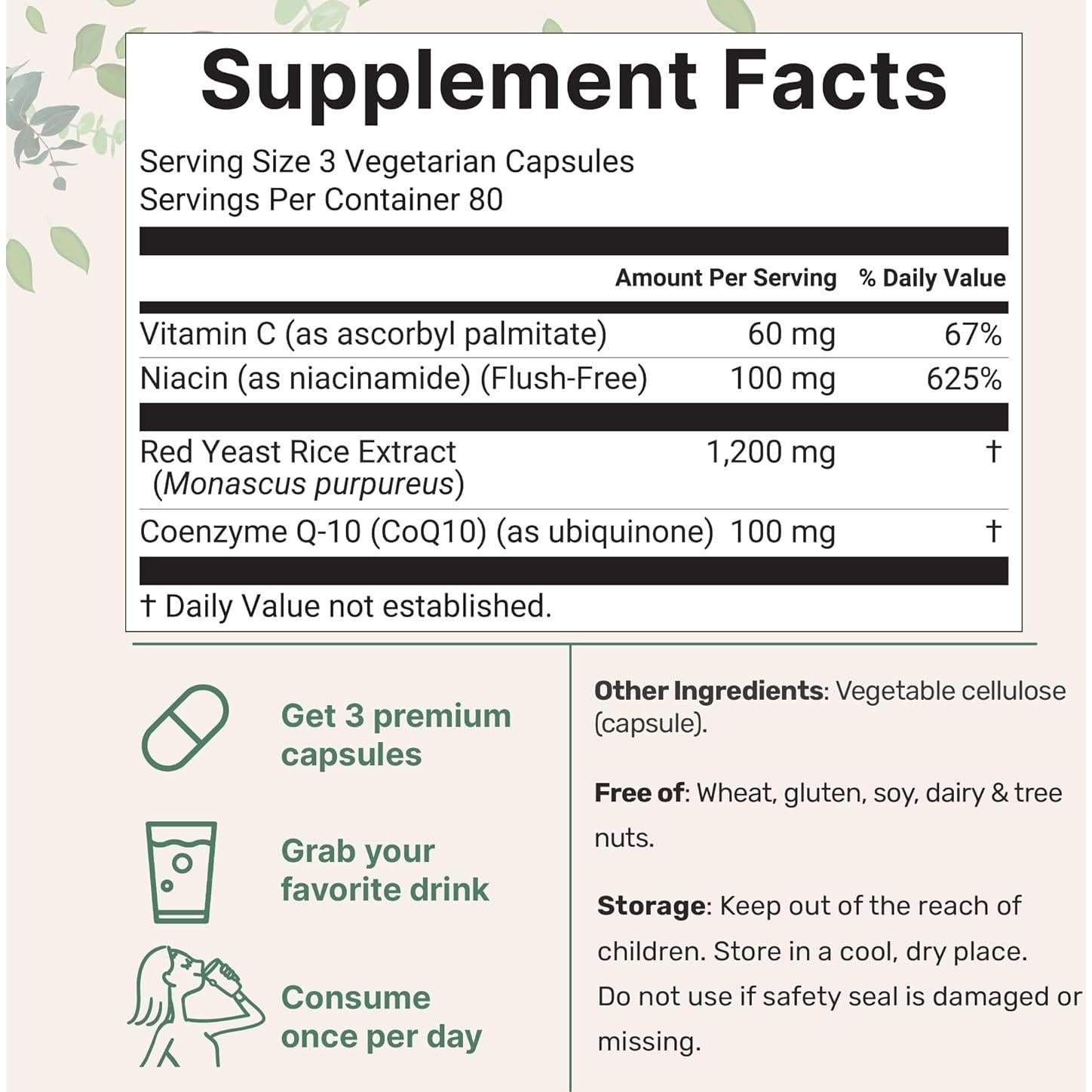 Suplemento de Arroz de Levadura Roja 1200mg CoQ10 100mg 240 Cápsulas