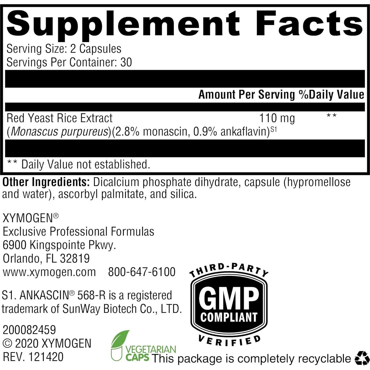 Suplemento de Arroz de Levadura Roja XYMOGEN 60 Cápsulas